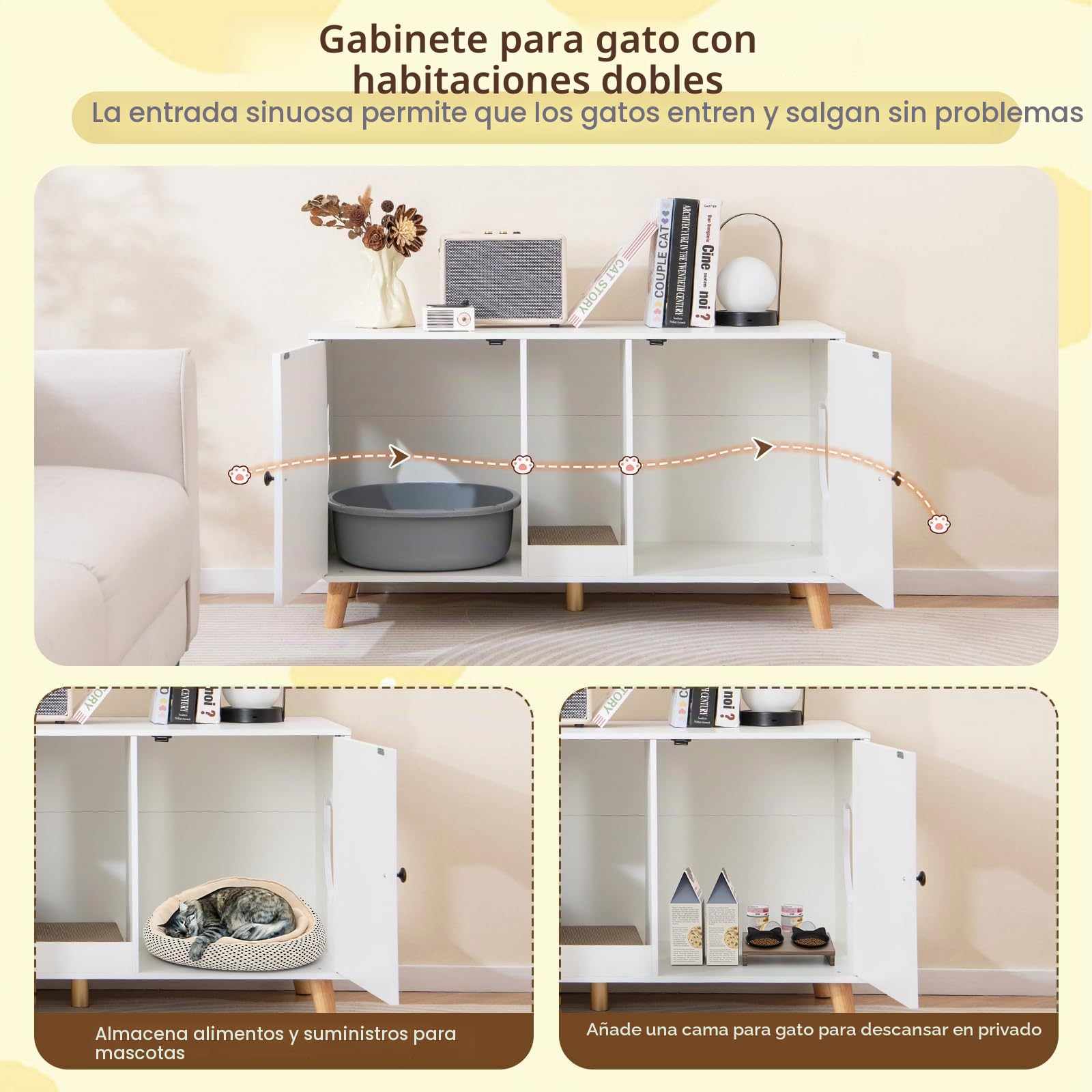 FANTASK Armario de Arena para Gatos, Armario con 2 Puertas y Tabla para rascar y 2 Alfombrillas rascadoras de sisal y Entrada, casa para 2 Gatos, Mesa Auxiliar, 108 x 50 x 60 cm (Blanco)