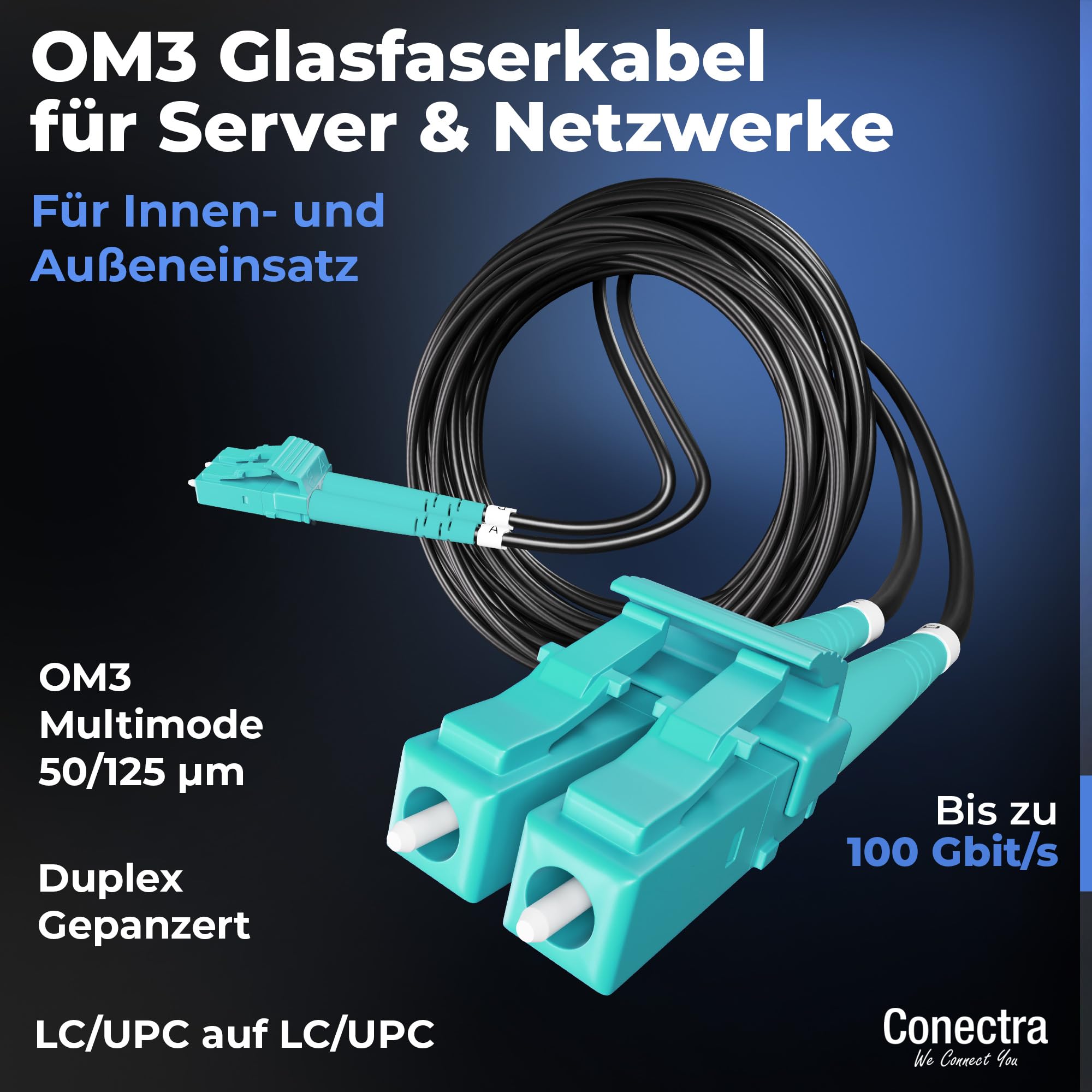 150m Gepanzertes OM3 Duplex Glasfaser-Kabel LC/UPC für Innen- und Außen-Einsatz – LWL Lichtleiter Patch-Kabel Multimode 50/125µm LC UPC LSZH Fiber Optic Cable Indoor/Outdoor ⌀3mm Schwarz