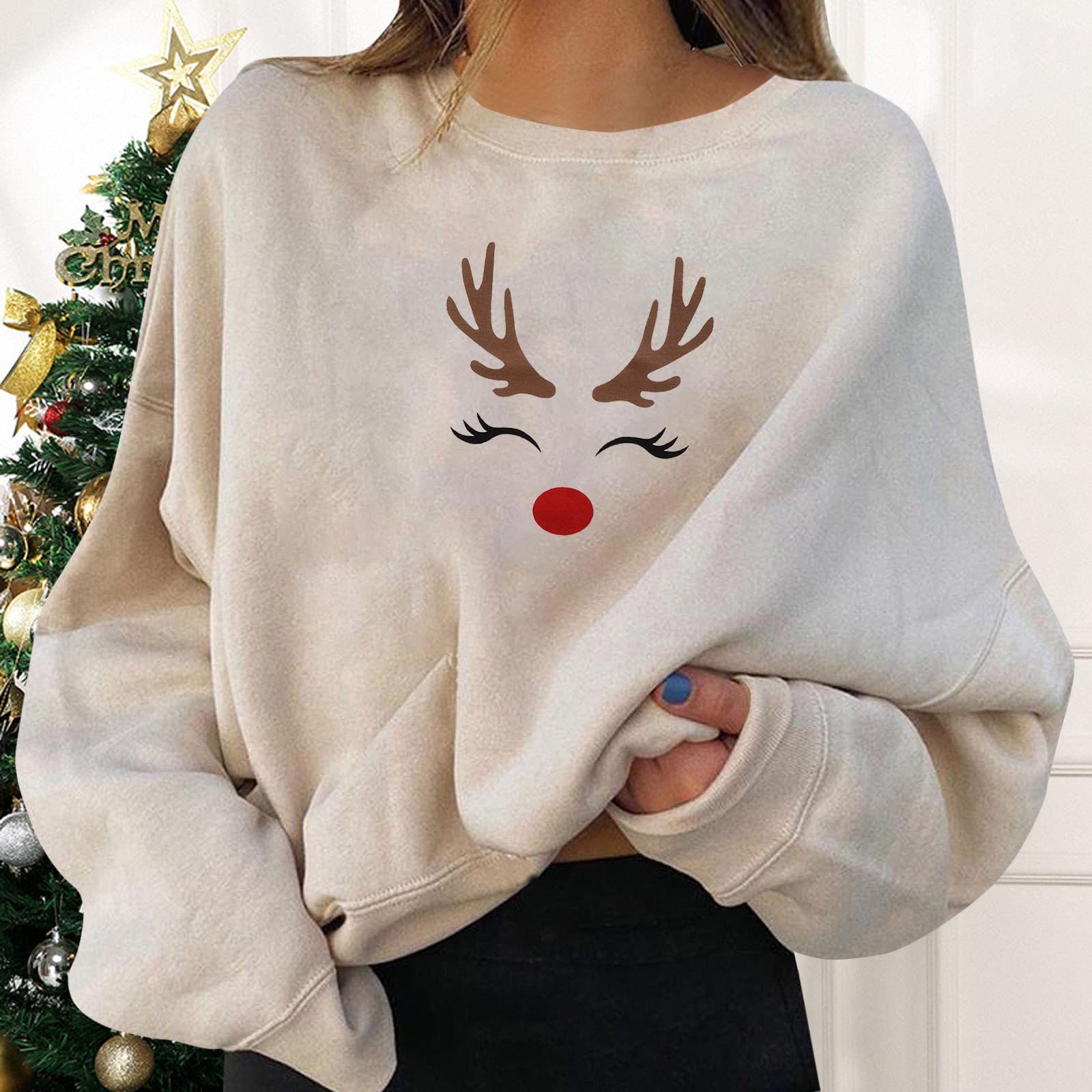 Weihnachts Pullover Damen Christmas Oberteils Weihnachten Sweatshirt Lustig Weihnachtspulli Xmas Pulli Warmes Sherpa Print Langarmshirt Drucken Bluse Sweater T-Shirt
