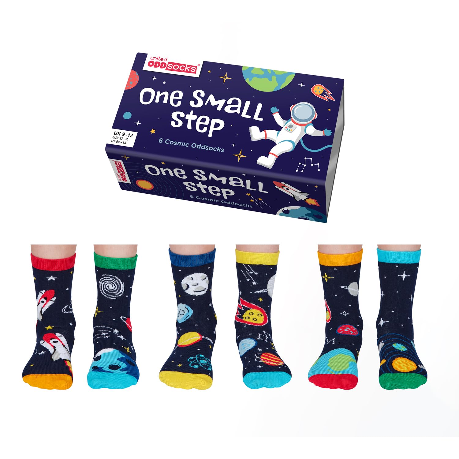 United Oddsocks One Small Step - Pack Of 6 Mix & Match Kids Socks, Novelty Socks For Kids 4-6 Years Old, Size Uk 9-12 (Eu 27-30) (Uk, Age, One Size, )