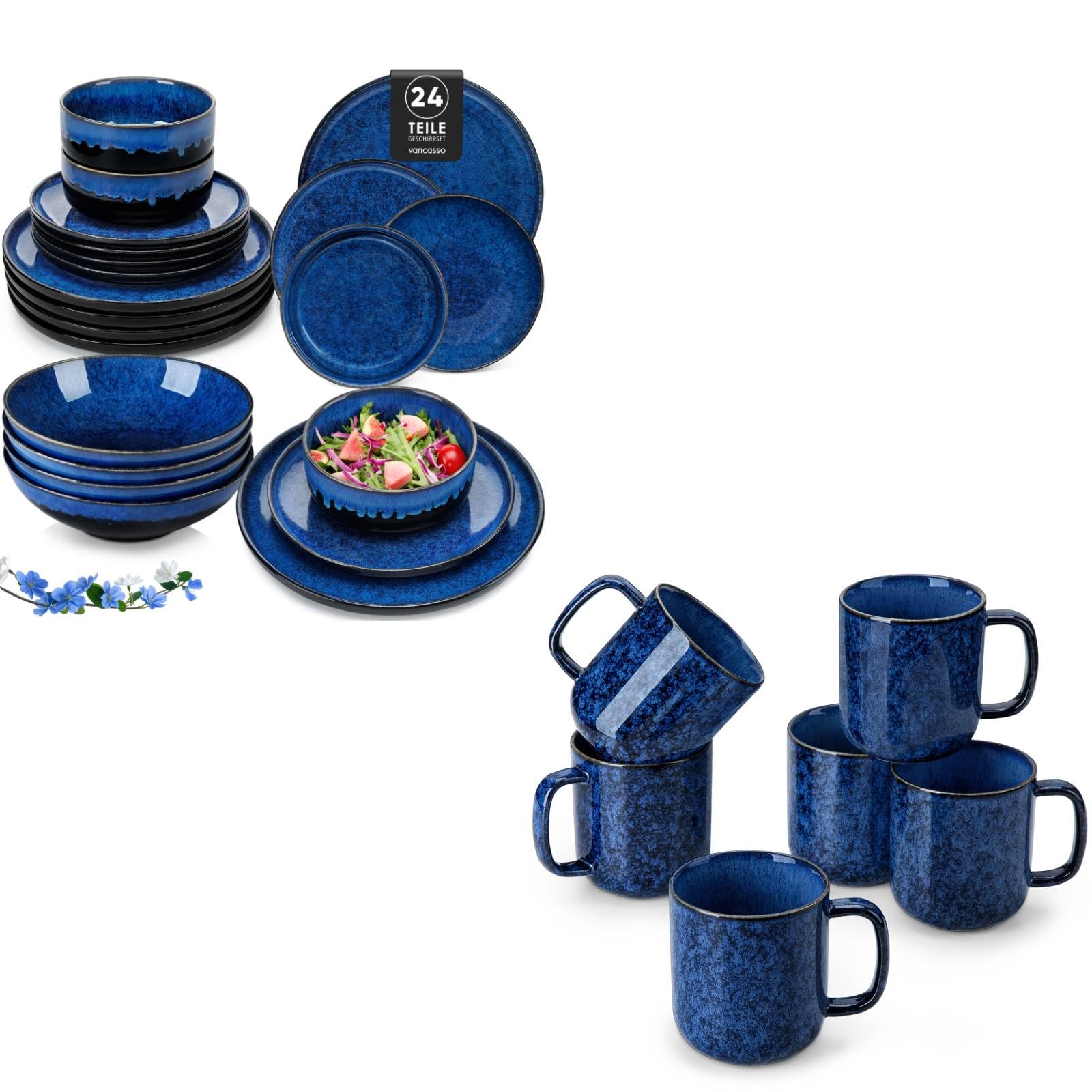 vancasso STARRY Assiettes Service de Table et Tasses Complet, 30 Pièces pour 6 Personnes, Bleu
