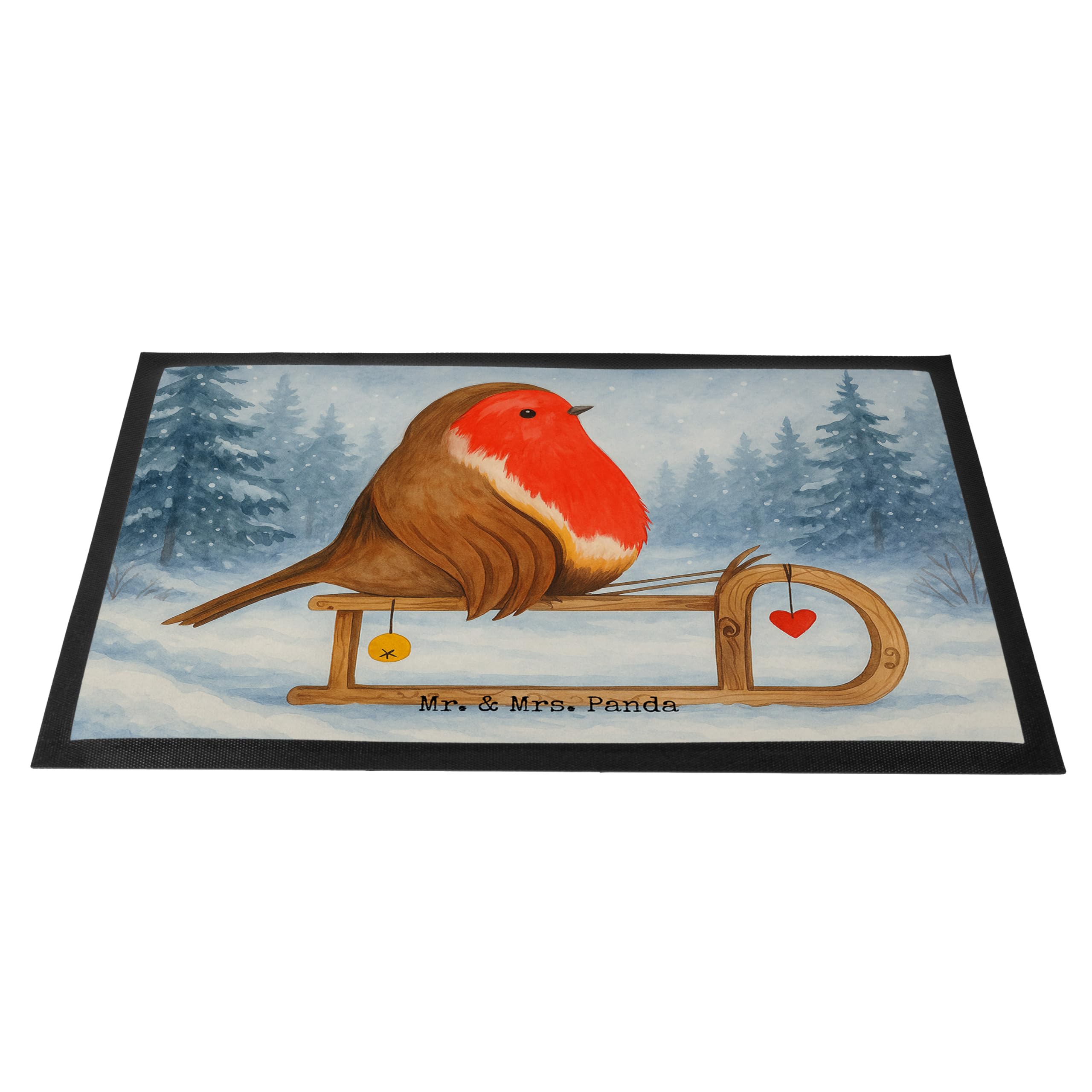 Mr. & Mrs. Panda fußmatte Rotkehlchen Schlitten Design 50 x 75 cm - Geschenk, Vogel, Weihnachten, Schmutzmatte, Fußabstreifer, bodenmatte, Schmutzfangmatte, Schuhabstreifer