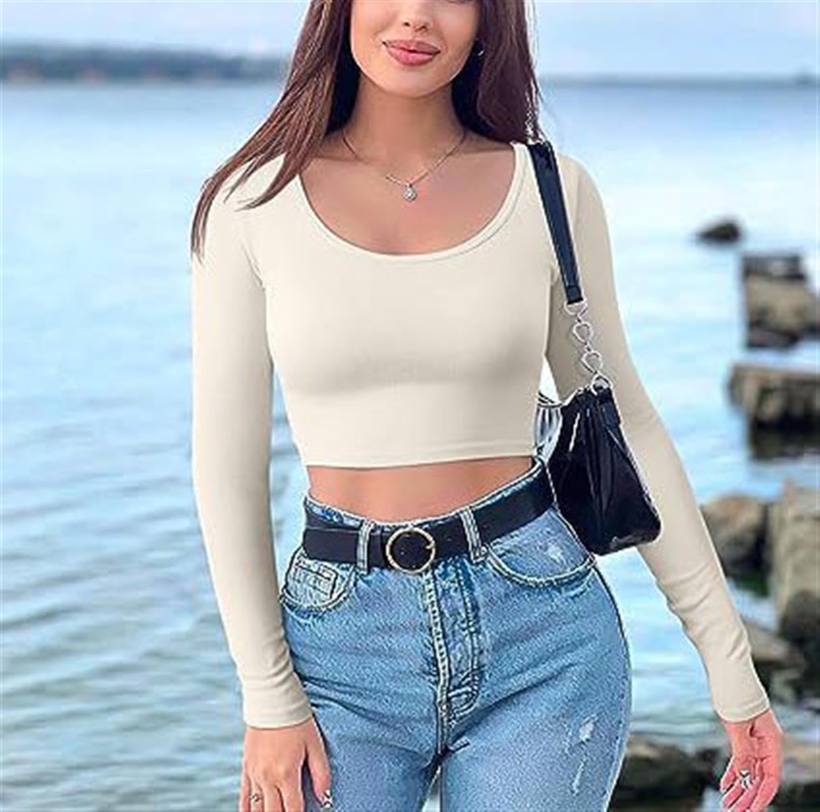 hixswnu 3 Pack de Las Mujeres de Cuello Cuadrado Tops, Manga Larga Crop Top Slim Fit Cropped Shirts Casual Basic Deportes Tees,001,L