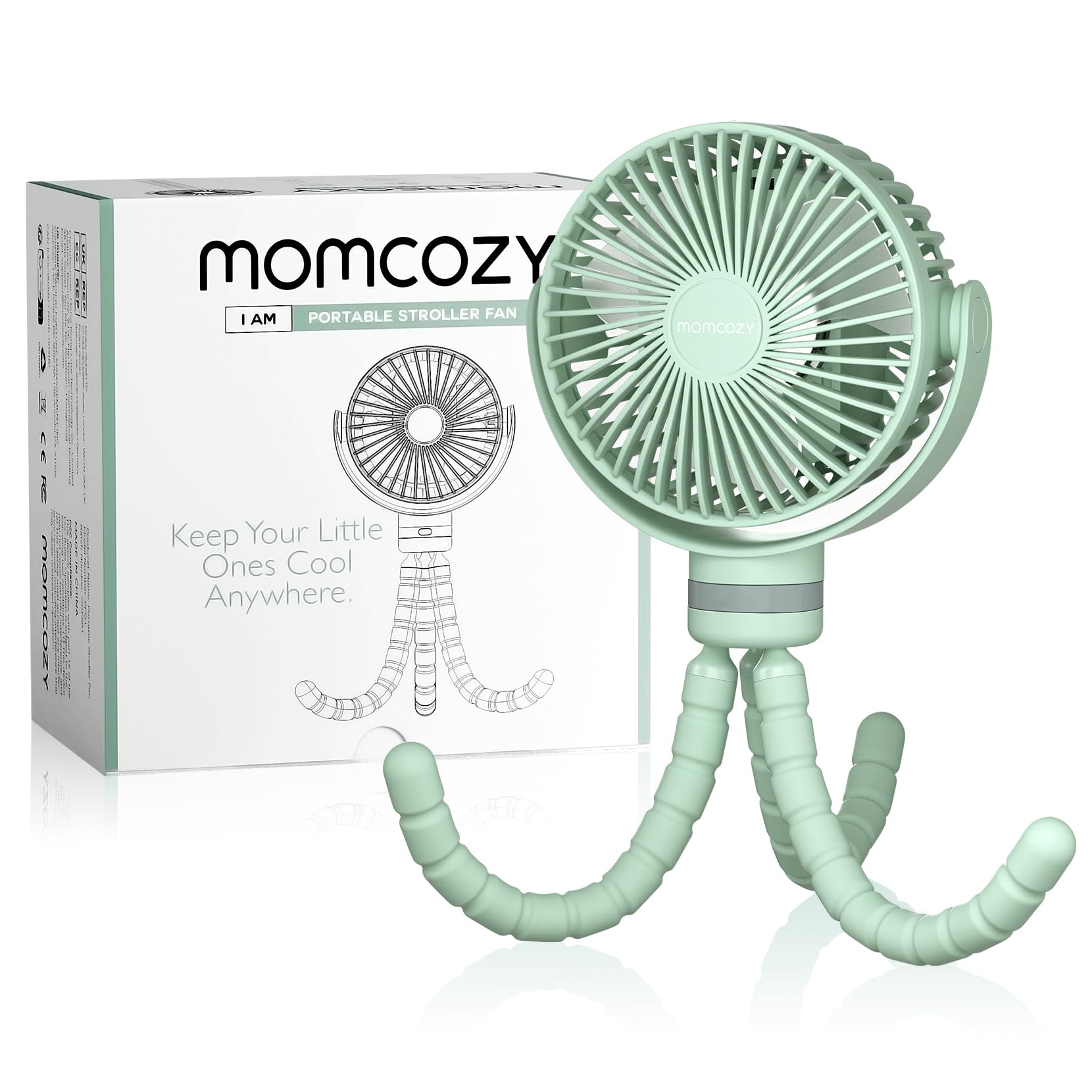 momcozy 8000mAh Ventilador Portátil para Cochecito, Batería de Duración 27H, 360°Rotación,4 Velocidade, Luz de Noche, Ventilador Silla de Paseo Recargable USB,Viajes, Dormitorio (Verde claro)