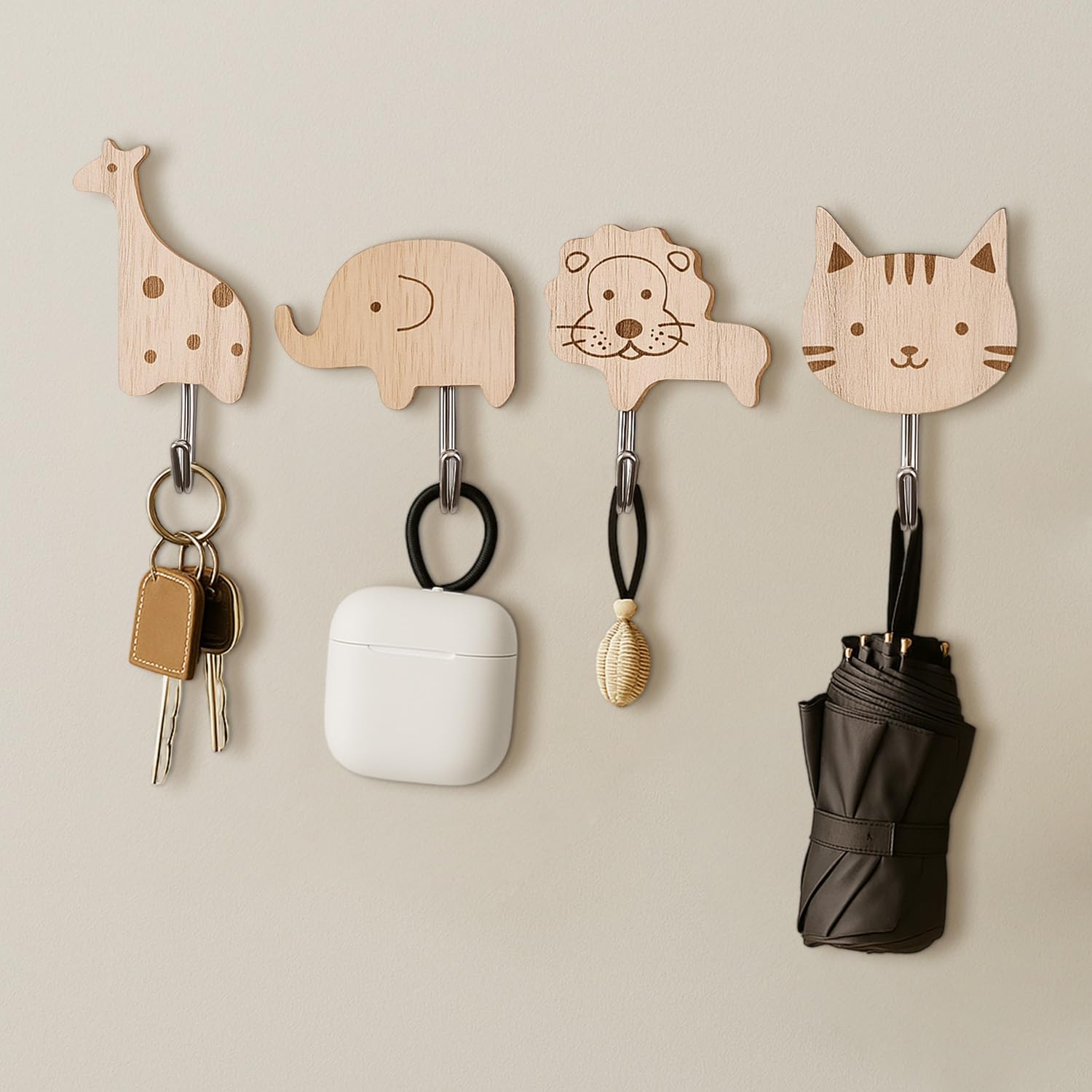 2Pcs Cartoon Wooden Wall Hooks,Wall Hook for Hanging, Cute Animal Design Adhesive Wall Hook,Decorative Hooks for Entryway, Room(Random Pattern)-image-39