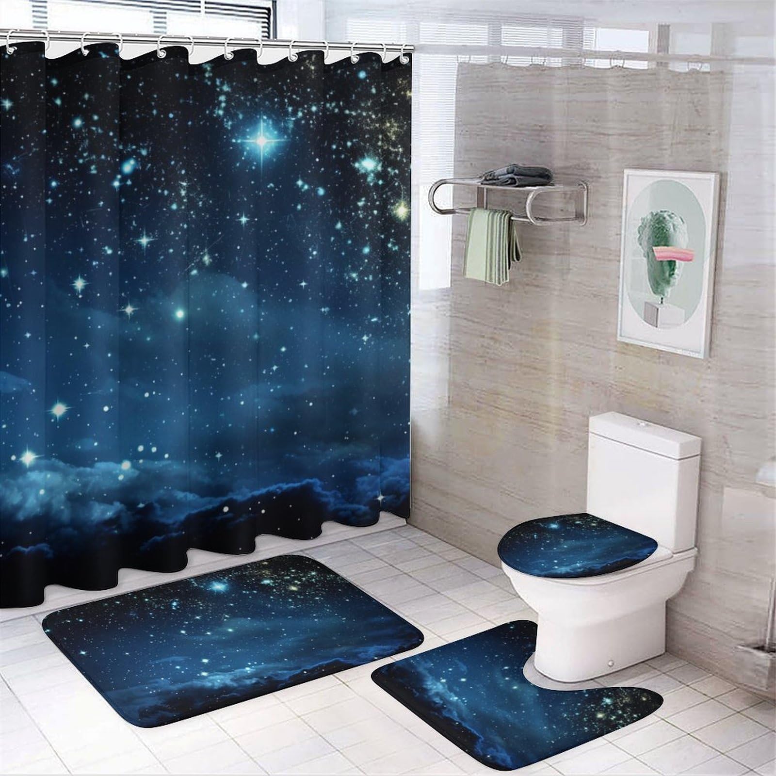 Beautiful Galaxy Shower Curtain 4 Piece Sets with Non-Slip Rugs,Toilet Lid Cover and Bath Mat Space Galaxy Nature Universe Waterproof Shower Curtain