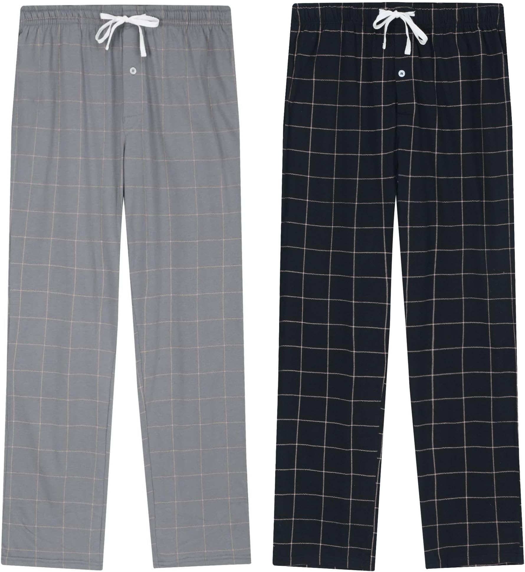 2 Pack Mens Cotton Pyjama Bottoms, Lightweight Sleep Pants with Pockets Soft Lounge Pajama Pants for Men Plaid Pj Bottoms