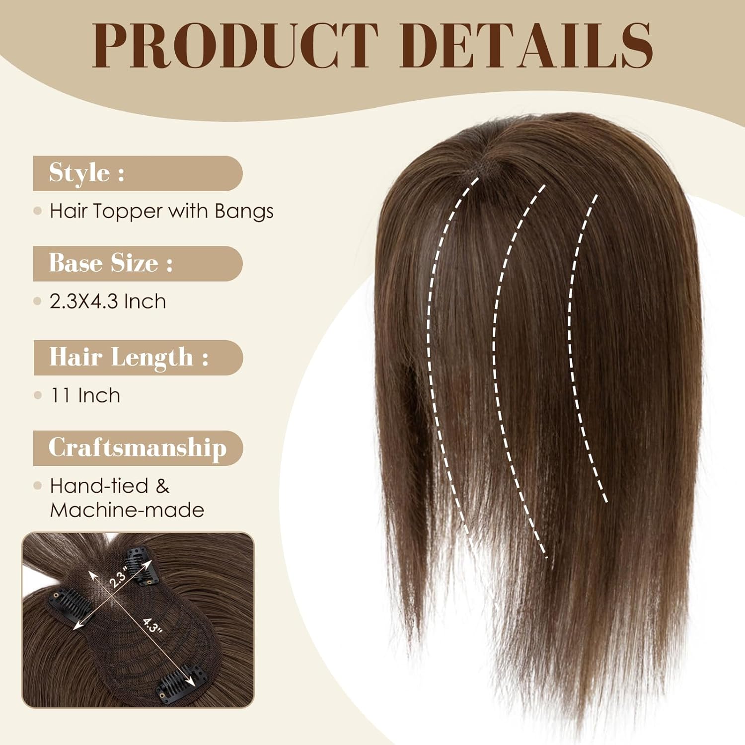 S-noilite Human Hair Topper with Bangs 360°3D Cover Toppers Hairpieces for Women Bangs Hair Clip Mocha Brown 12inch