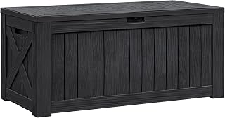 Flamaker 120 Gallon Resin Deck Box - Waterproof Outdoor Storage for Patio, Garden Tools, Pool Supplies, Imitation Wood (Black)