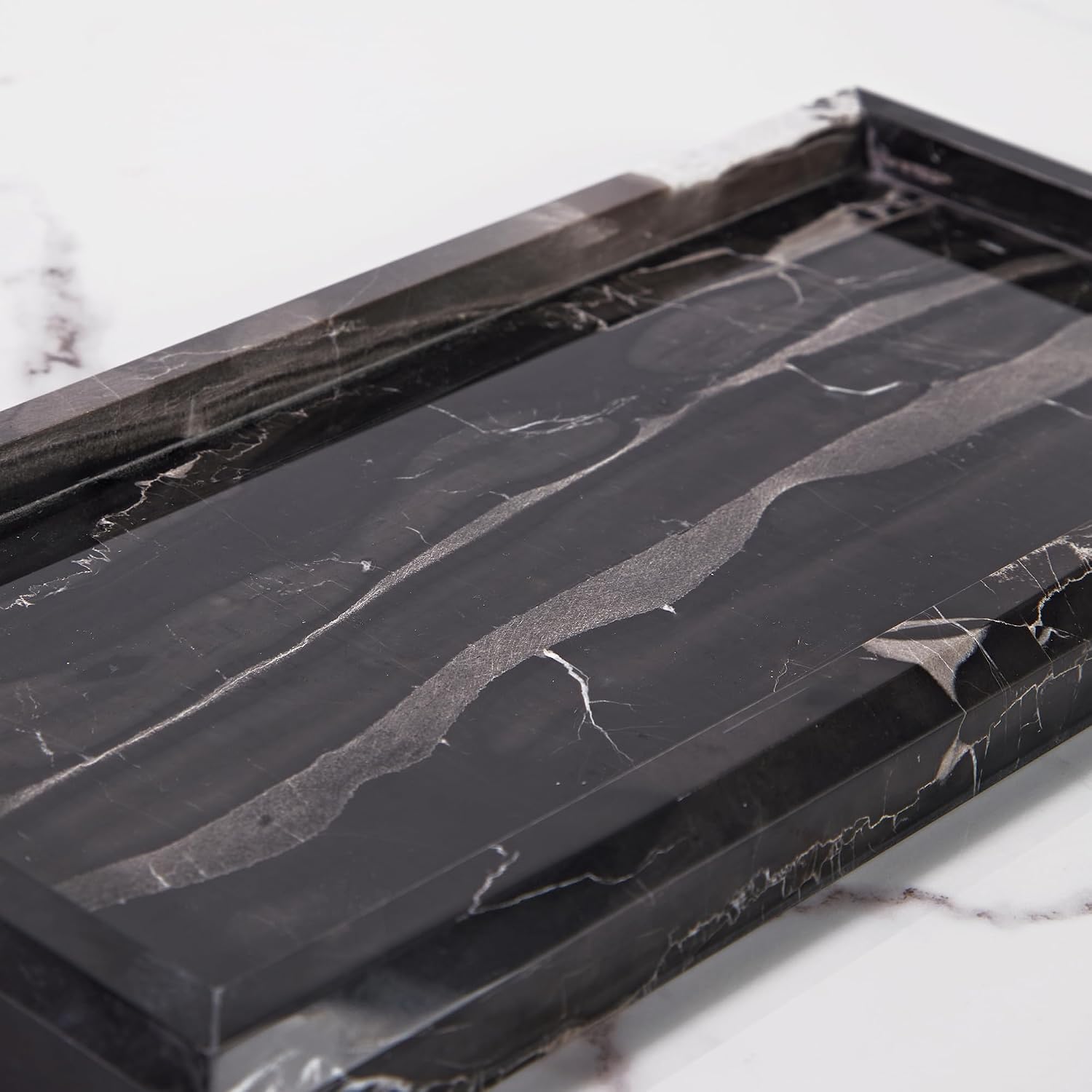 Black Marble Tray for Bathroom, Organic Natural Texture Marble Catchall Tray, Rectangular Durable Heavy Duty Jewelry Storage Platter, Countertop Organizer for Dresser, Home Decor