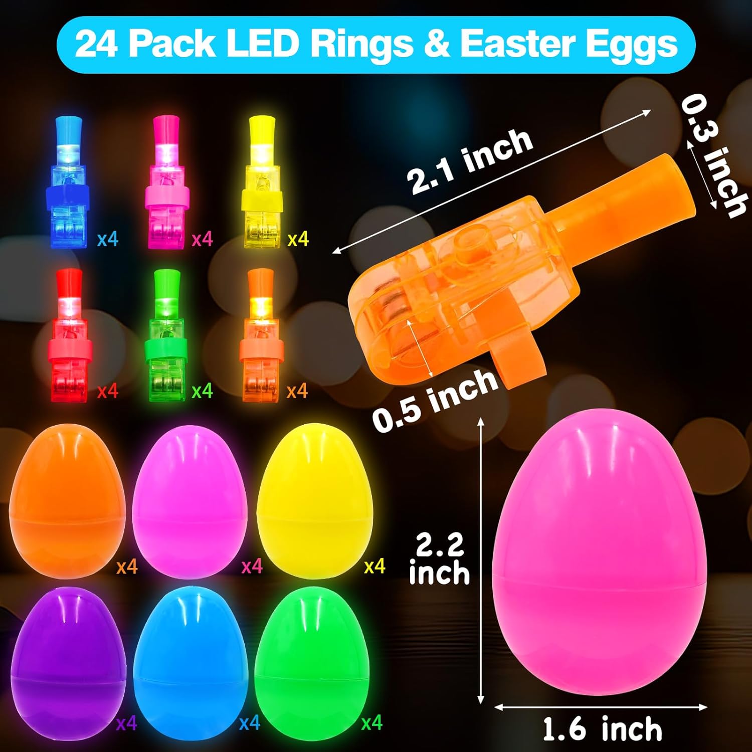 24 Pack Easter Eggs Filled LED Finger Lights ,Light Up Toys Glow In The Dark Non Candy Gifts Easter Egg Fillers Easter Hunt Filling Treats Easter Basket Stuffers Party Favor for Kids Boys Girls