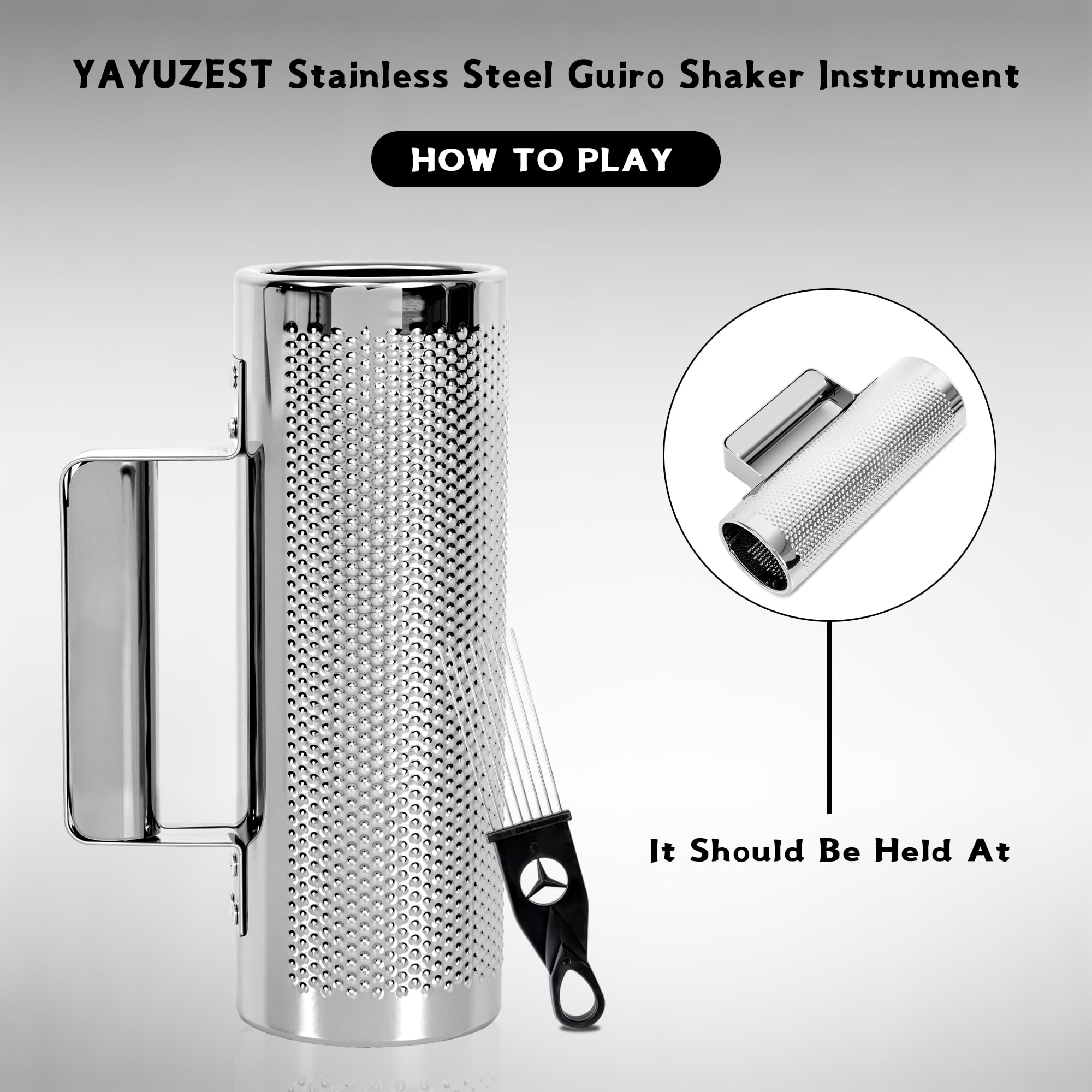 YAYUZEST Guiro Shaker Edelstahl Percussion Guiro Musikinstrumente mit Schaber (15,2 x 30,5 cm)
