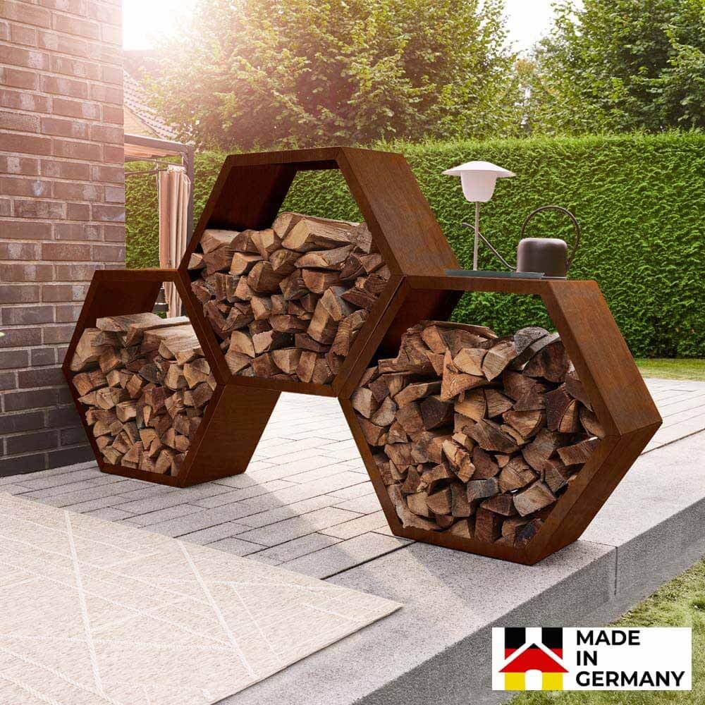 Home Deluxe - Rost Holzlege - Antares - 3er Set - 80 x 92 x 43 cm, wetterbeständig, edle Rostoptik I Holzlager Feuerschale