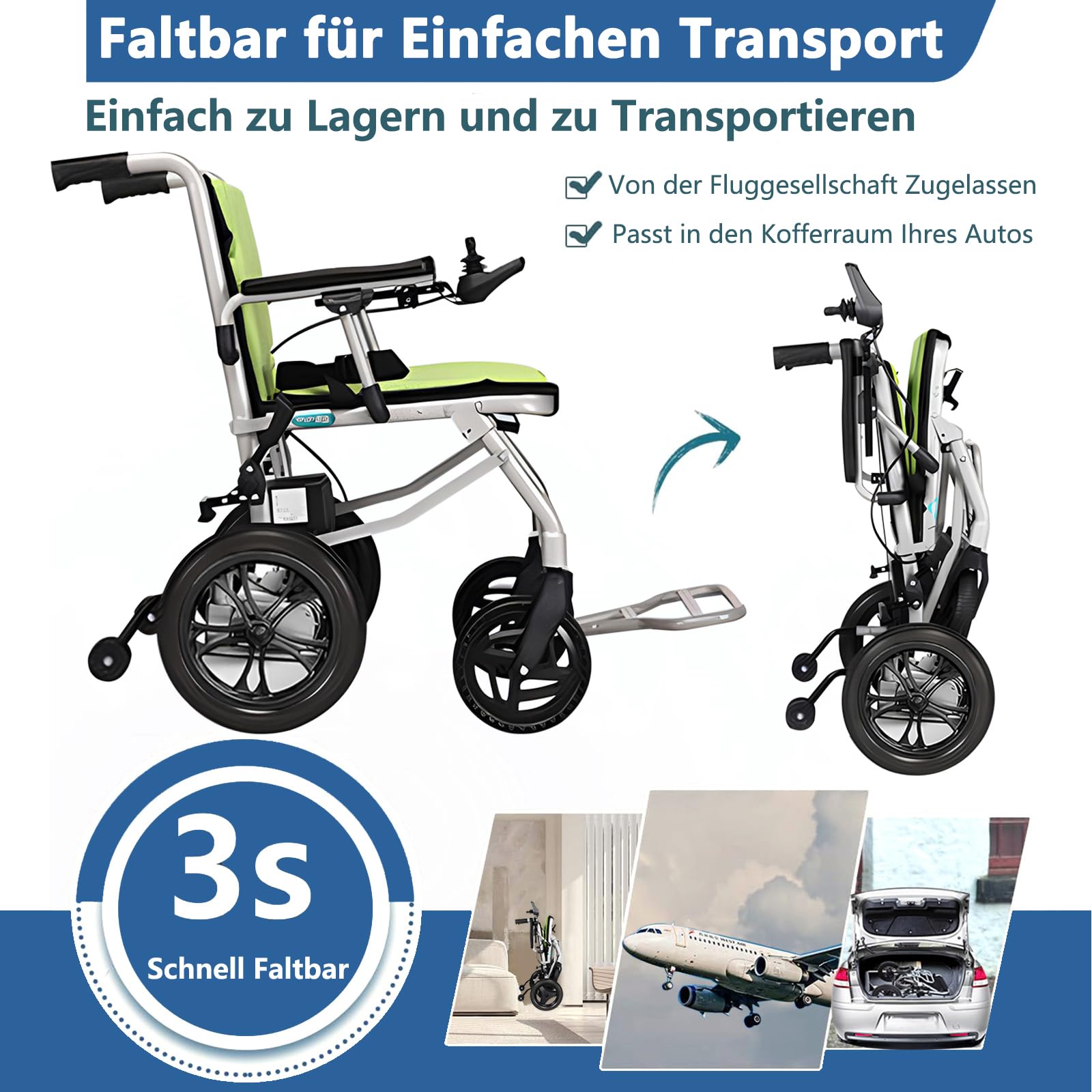 AMITD Elektrischer Rollstuhl Faltbar Leicht Luftfahrt-Zertifizierung, Elektrorollstuhl - 15 kg 20 km 400 W bis 120 kg, mit Doppelsteuerung 2 Li‑Akkus Intelligente Bremse, für Indoor & Outdoor Reise