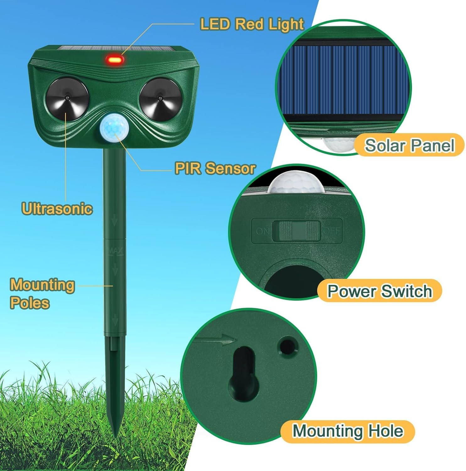 4 Pack Solar Ultrasonic Animal Repellent Deer Repllent Cat Repellent Outdoor Animal Cat Deterrent Scare Squirrel, Raccoon, Skunk, Rabbit, Dog with Motion Detector for Yard Garden