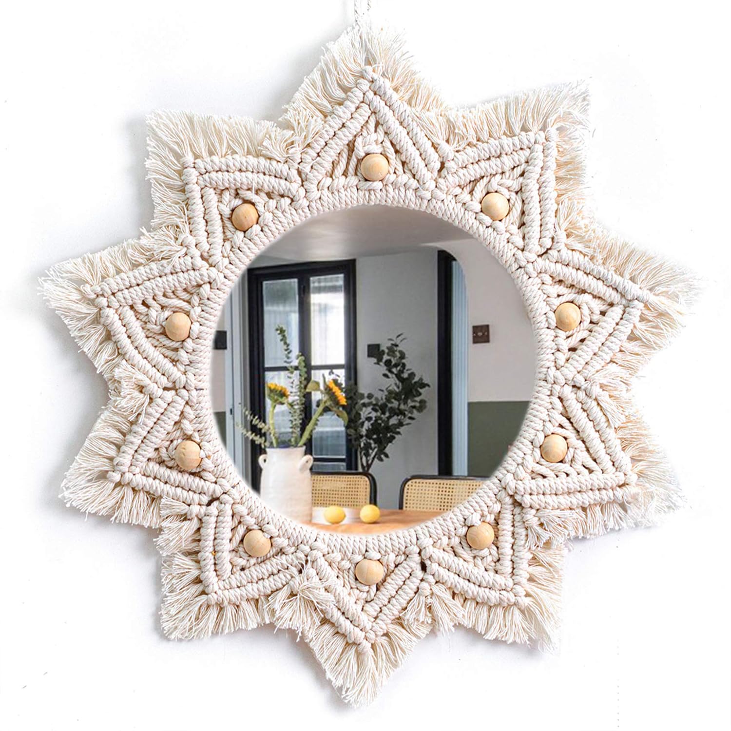 Kaahira Cotton Handmade Macrame Thread Decorative Gifts Round Wall Mirror Hanging Decors for Livingroom, Bathroom, Bedroom in Bohemian Style White Color Design (KM-WM-03)