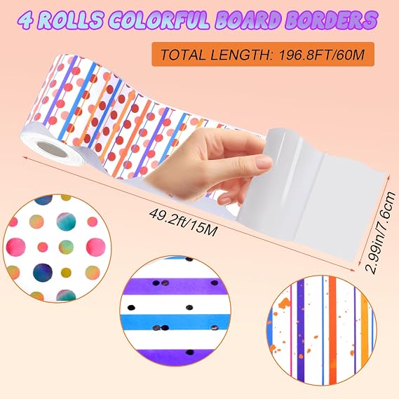 4 Roll 196.8Ft Bulletin Board Borders for Board Trim for Office School Home | Polk Dot Stripes Self-Adhesive Scalloped Rolled Borders for Bulletin Board For Classroom Decor