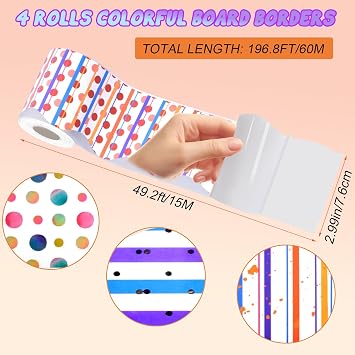 4 Roll 196.8Ft Bulletin Board Borders for Board Trim for Office School Home | Polk Dot Stripes Self-Adhesive Scalloped Rolled Borders for Bulletin Board For Classroom Decor