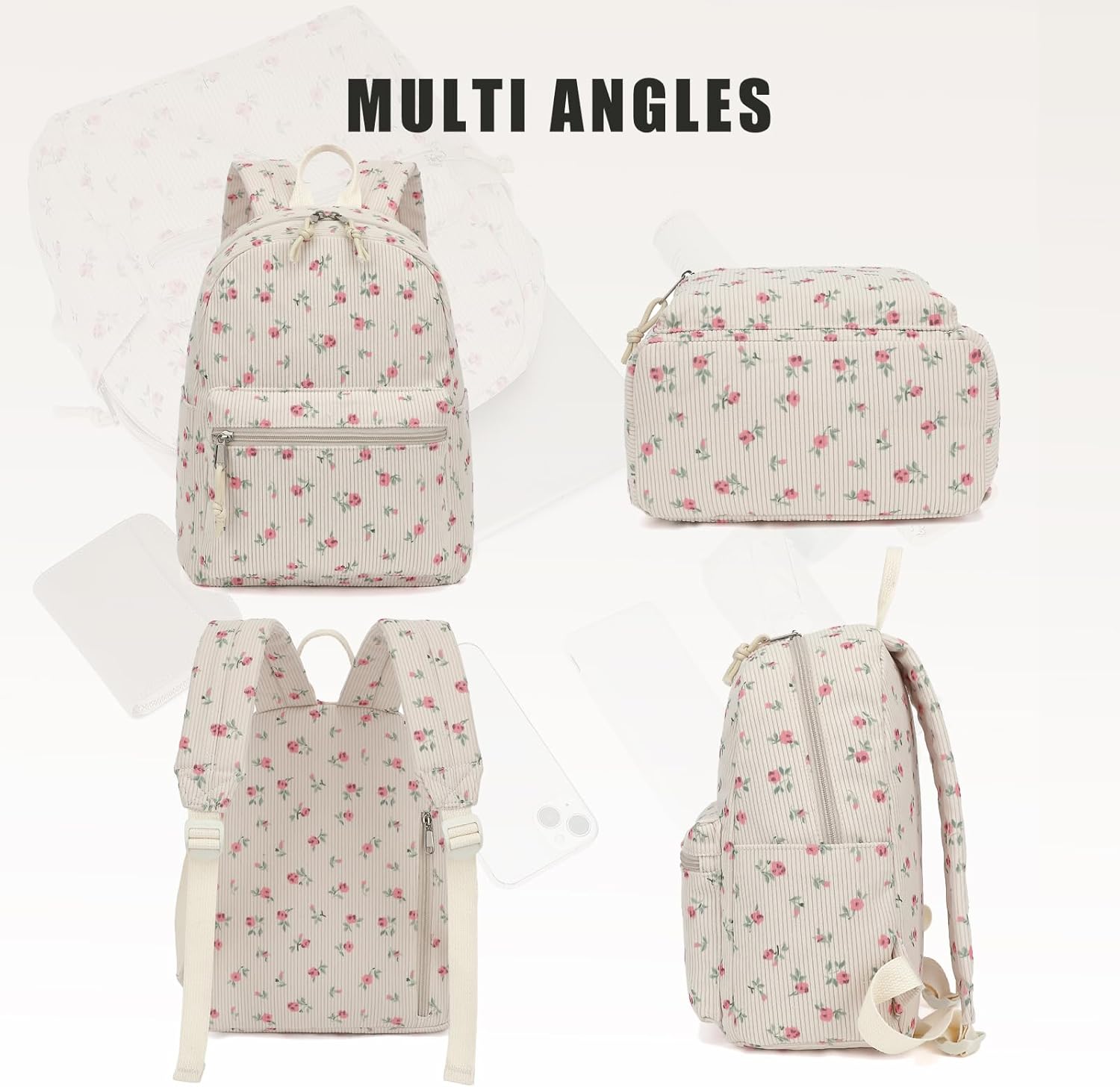 Corduroy Womens Mini Backpack Girls Small Backpack Purse Fashion Casual Daypack School Bookbag (Flowers Pink) - Image 6