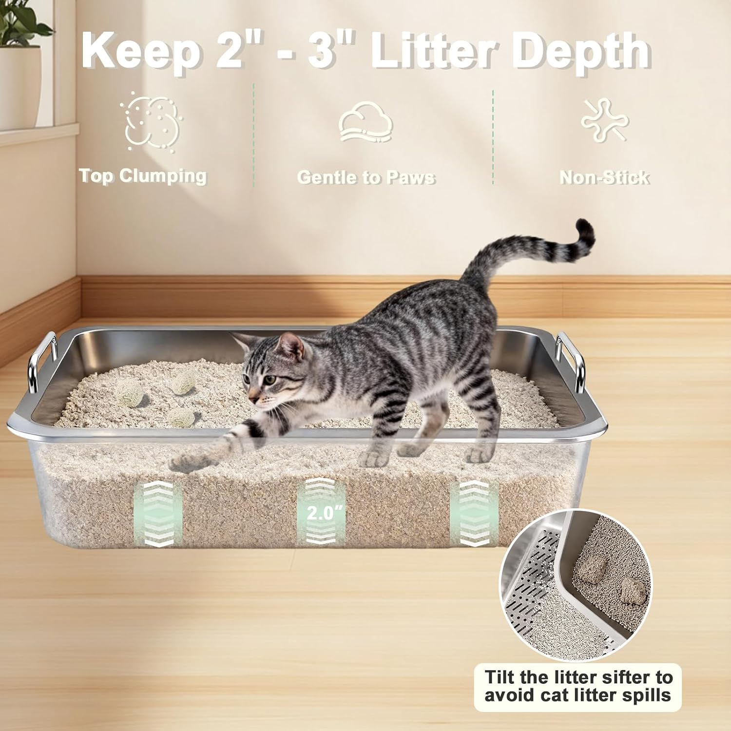 Stainless Steel Sifting Cat Litter Box for Clumping Clay Litter with High-Speed Sifting System, Large Metal Litter Box with 2 Replaceable Bottom Pans, Odor Control，Easy Clean (19.7"x13.7"x5.9") image 5