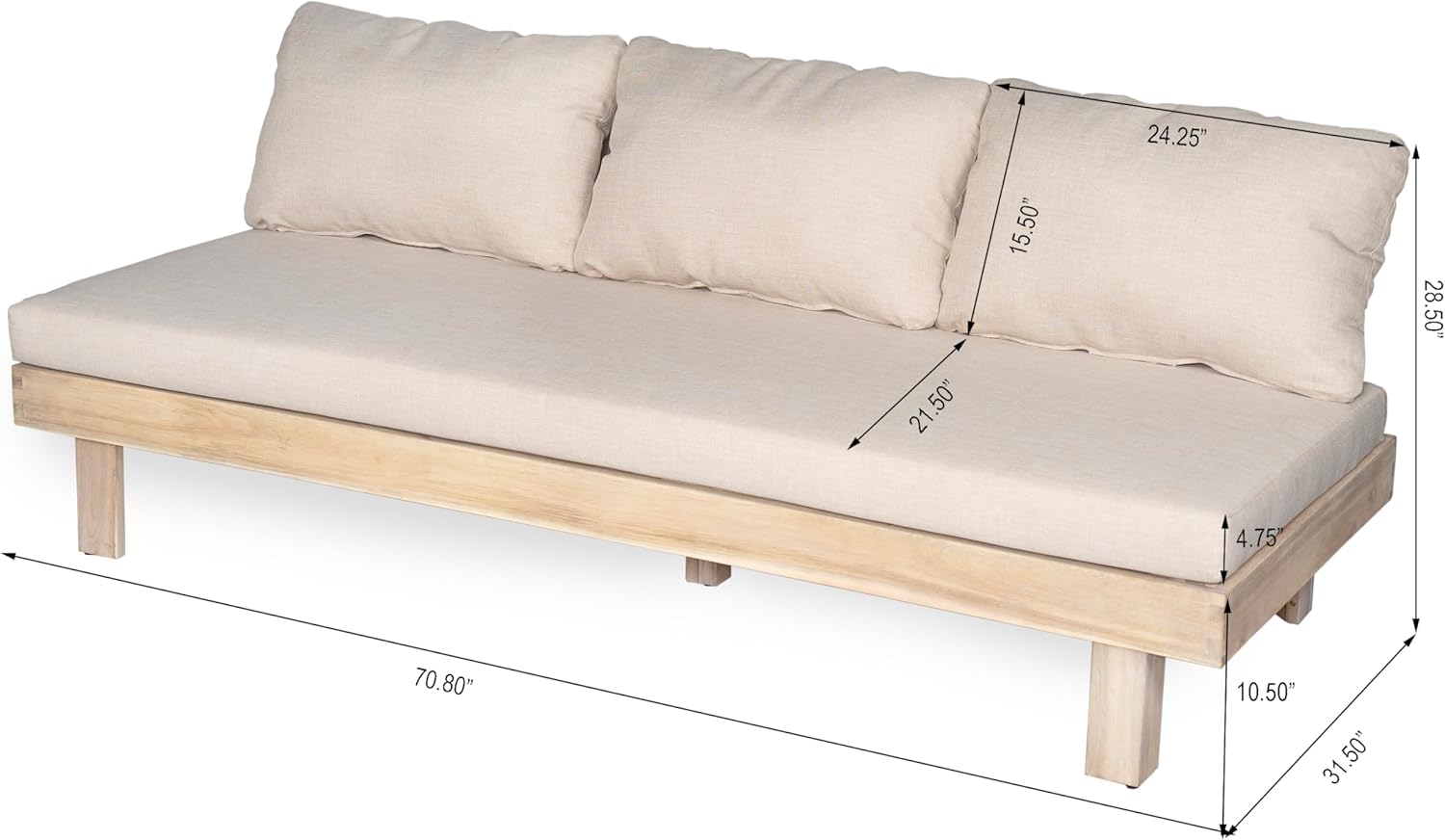 Christopher Knight Home Topia Acacia Wood Outdoor 3 Seater Sofa with Cushion, Wooden Patio Sofa Couch with Cushion, Comfy Armless Cloud Sofa Couch, Patio Furniture Sofa Set, Light Wash+Beige