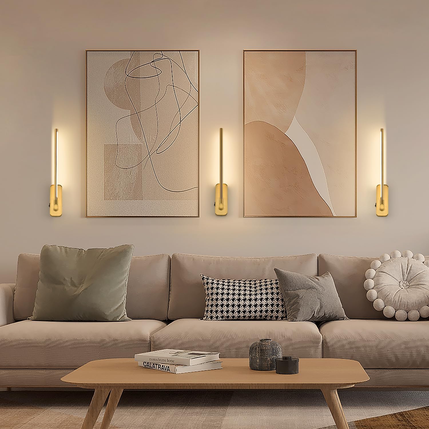 Wireless Wall Sconces Set of 2, Rechargeable Swing Arm Lights with 3 CCT-Dimmable Options, Battery Powered Cordless Wall Lamp for Living Room, Hallway, Bedroom - 17.32" Long Brass Gold