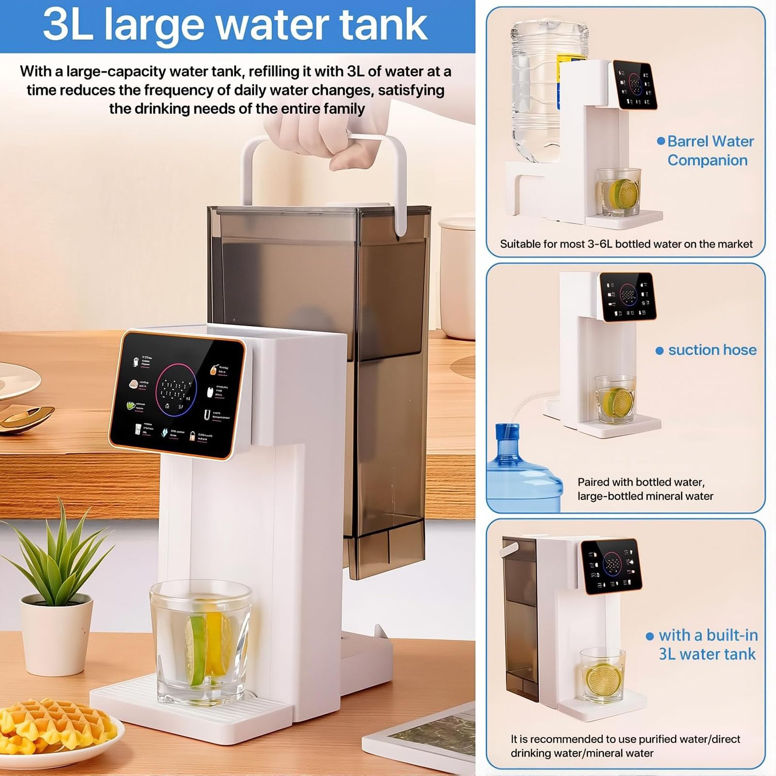 2000-W-Wasserfilterspender Mit Sofort-Kalt- Und Heißwasserfunktion, 3 Liter Fassungsvermögen, 6 Temperaturstufen + 8 Wassermengeneinstellungen, Für Zuhause, Büro Und Schule,White