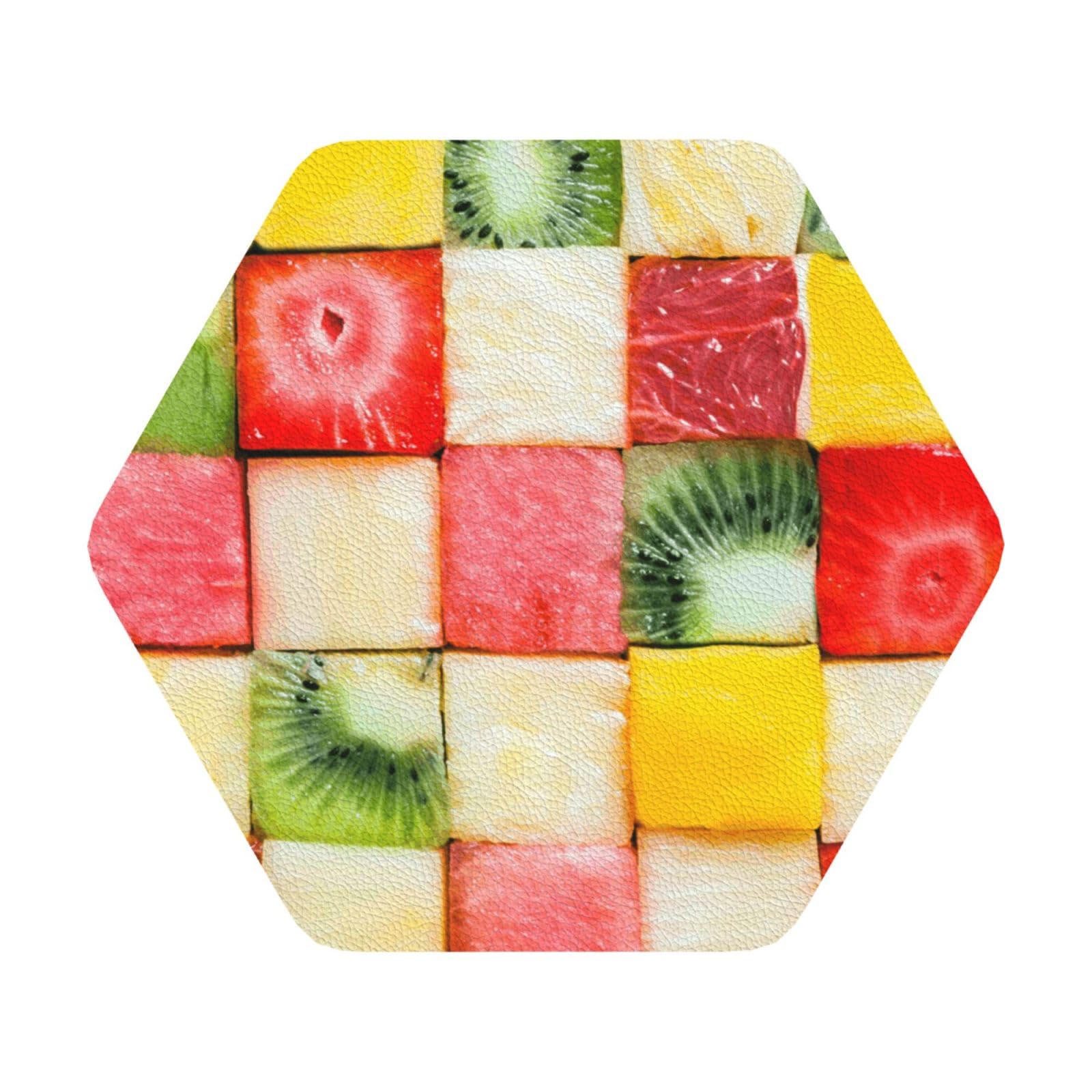 Kiwi Watermelon PU Leather Coasters Set of 6 Hexagon Drink Coasters