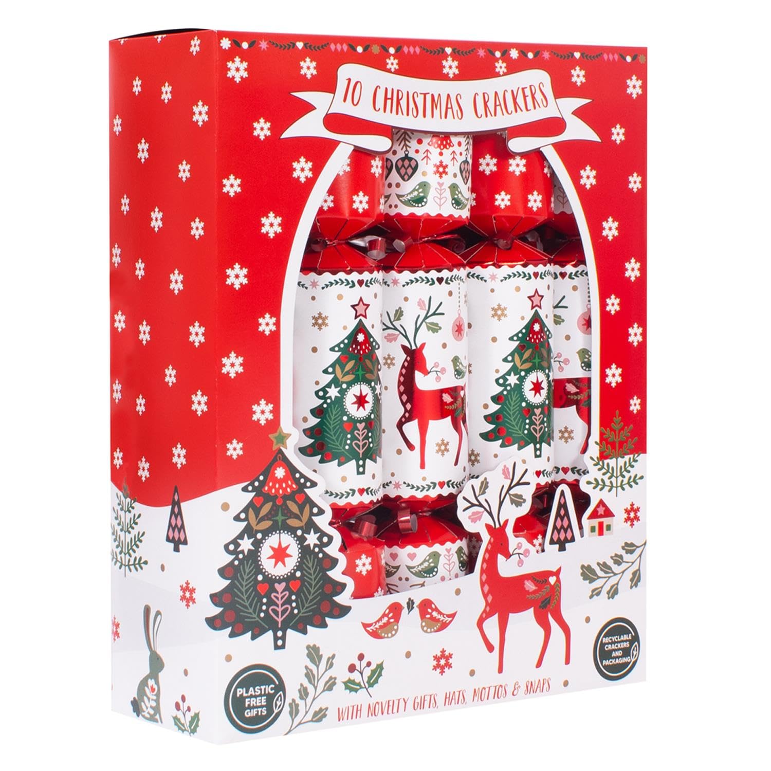 Yöl Scandinavian Set Of 10 Christmas Crackers Print White And Red Festive Table Decor Xmas Tree Reindeer Family