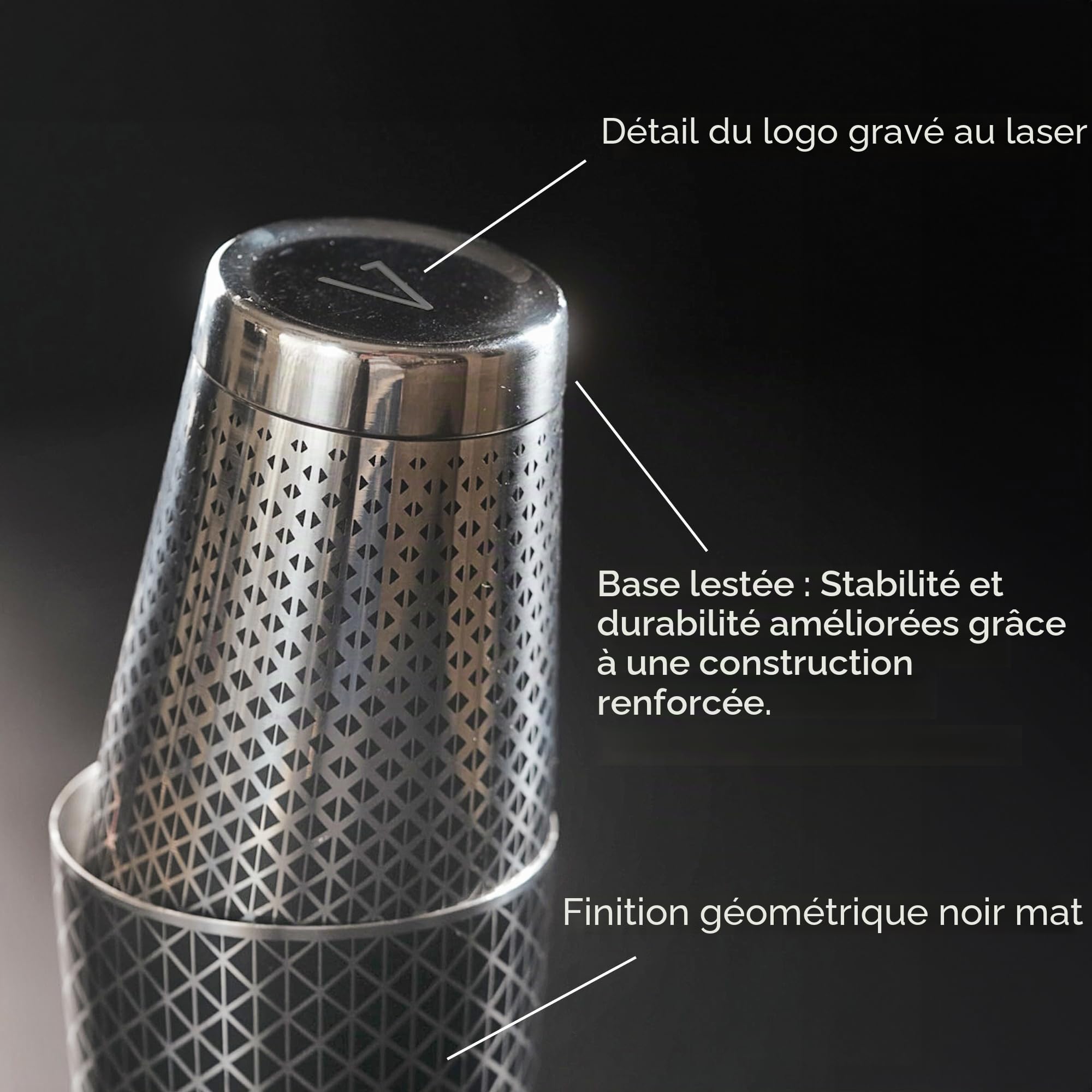 Kidia Boston Shaker Professionnel en Acier Inoxydable 304 avec Motif Géométrique Noir – Set 2 Tins 828 ml + 424 ml – Coffret en Bois Inclus – Kit Barman pour Cocktails, Bar (Classique)