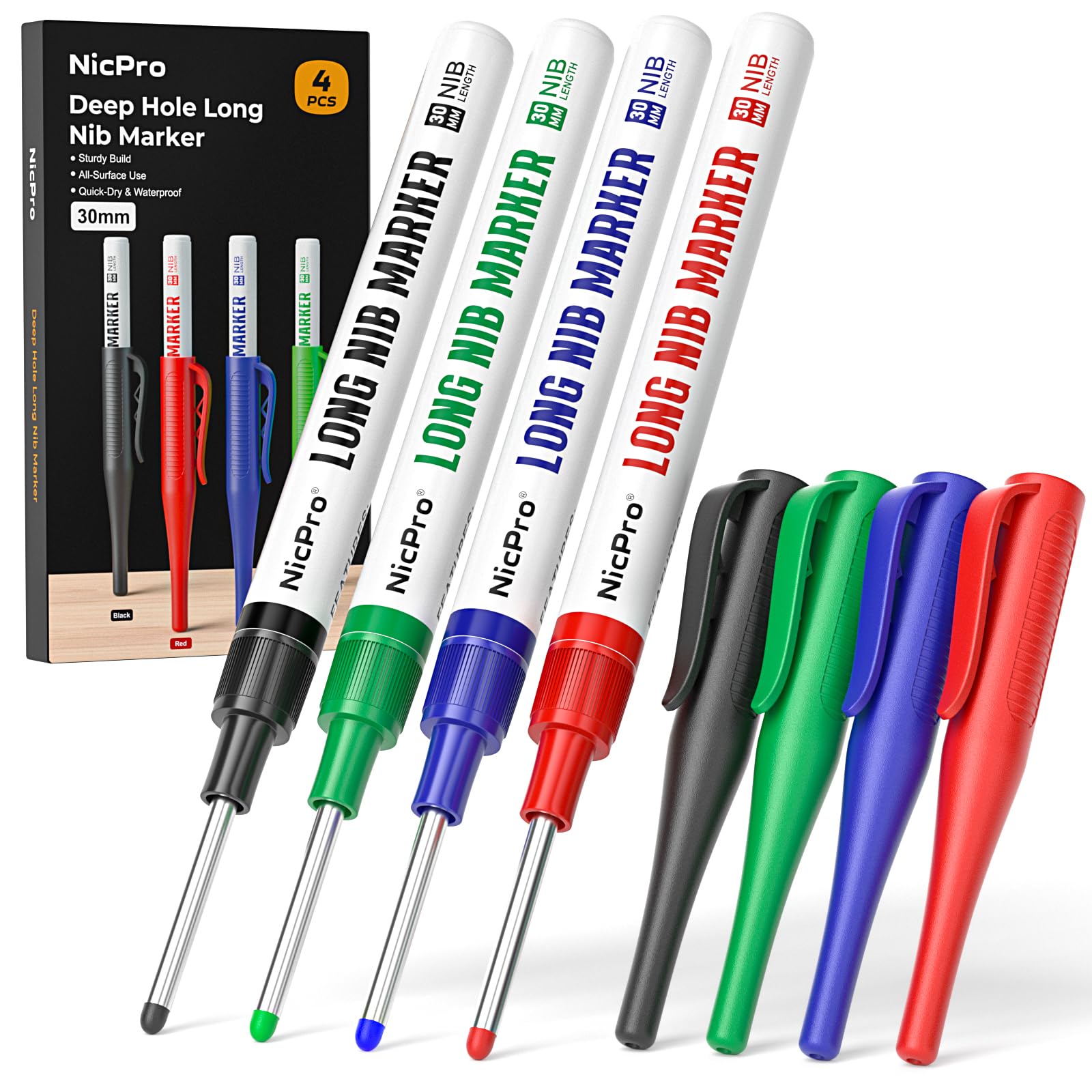 Nicpro 30MM Long Nib Marker Pens (Black, Red, Blue, Green, 4 PCS)