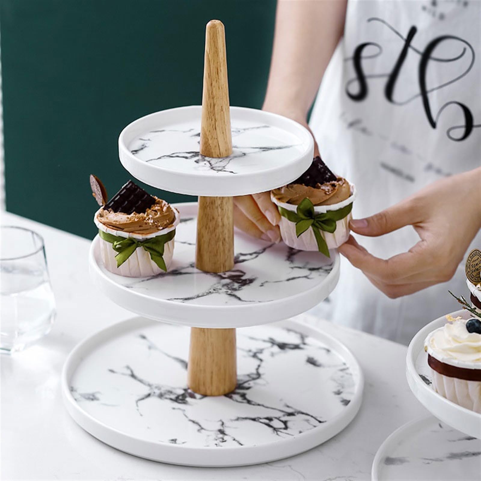 Table de desserts Support à gâteaux en céramique Imitation marbre personnalisé, Table Dessert trois niveaux, présentoir plateau Dim Sum Présentoir à cupcakes