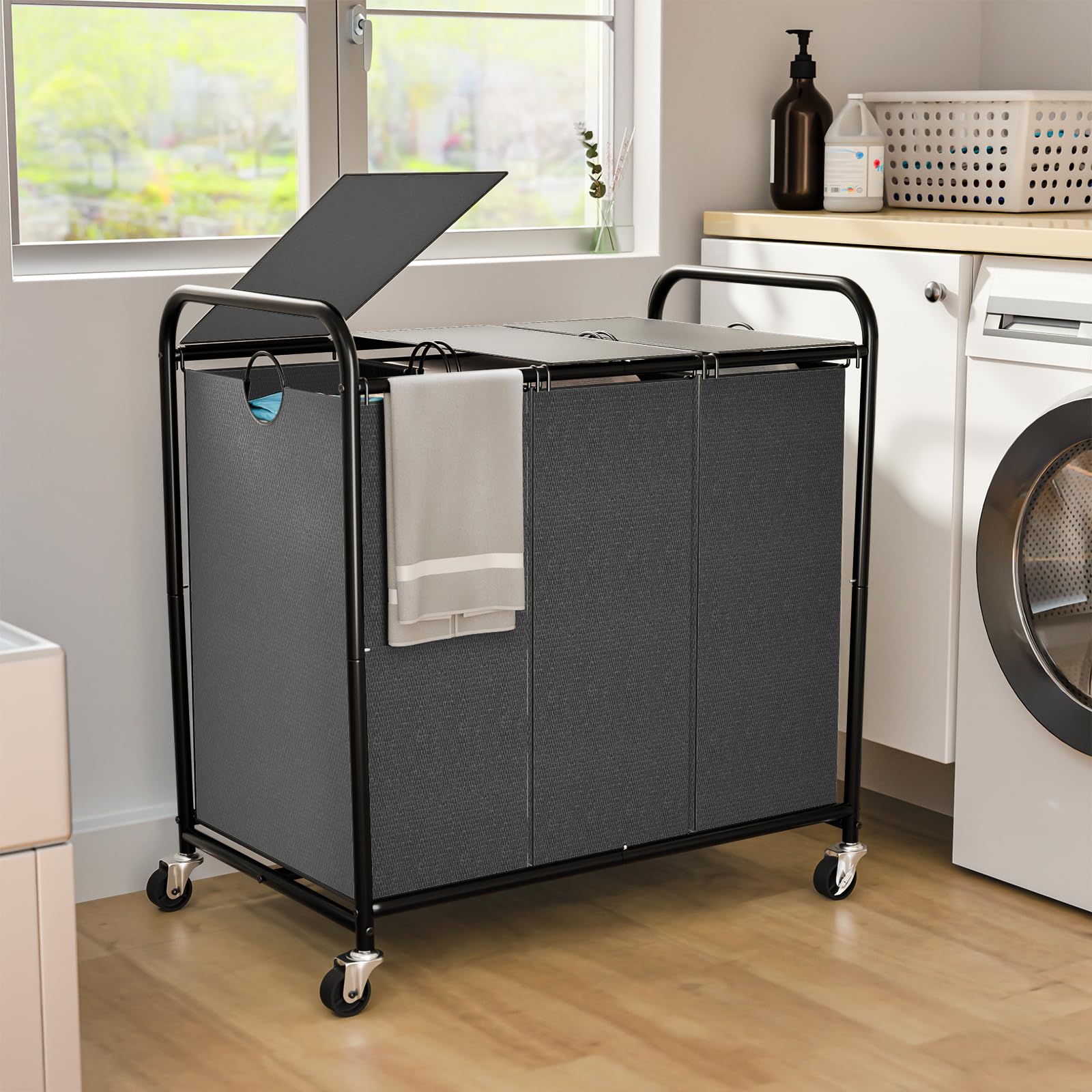 Photo 1 of 180L (47.55 Gal) Laundry Sorter 3 Section, Rolling Laundry Basket with Lockable Wheels and Lid, Laundry Hamper with 3 Separated Removable Bags Dirty Clothes Hamper for Laundry Room Organizer, GreyLPNPMGQ2871741