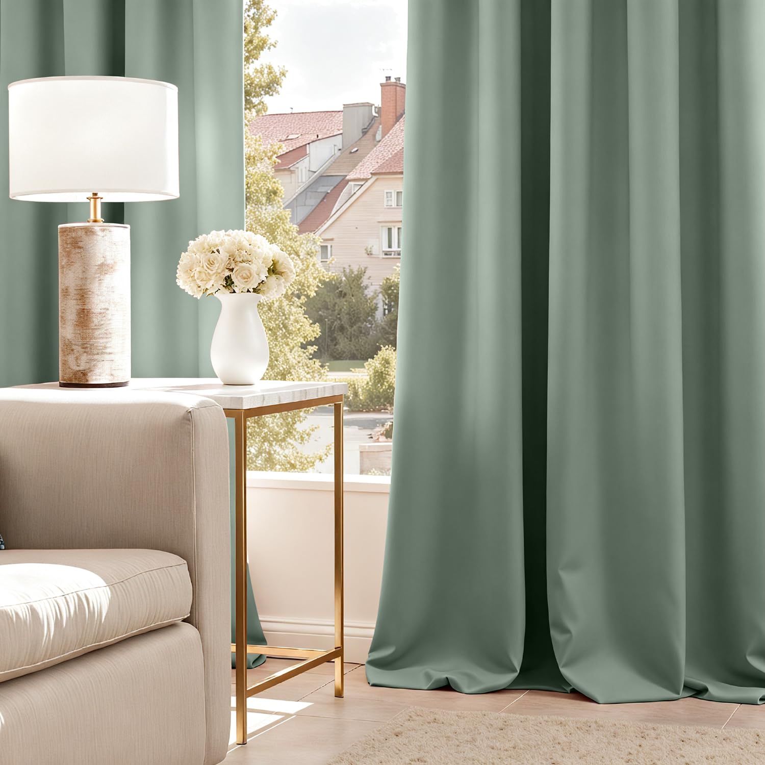 Vangao Rideau Occultant Galon Fronceur Salon Fenetre Chambre Balcon Rideaux Thermiques 140L x 175H cm Lot de 2 Opaque Moderne Interieur pour Rail Decoration Anti-Bruit et UV, Vert Sauge