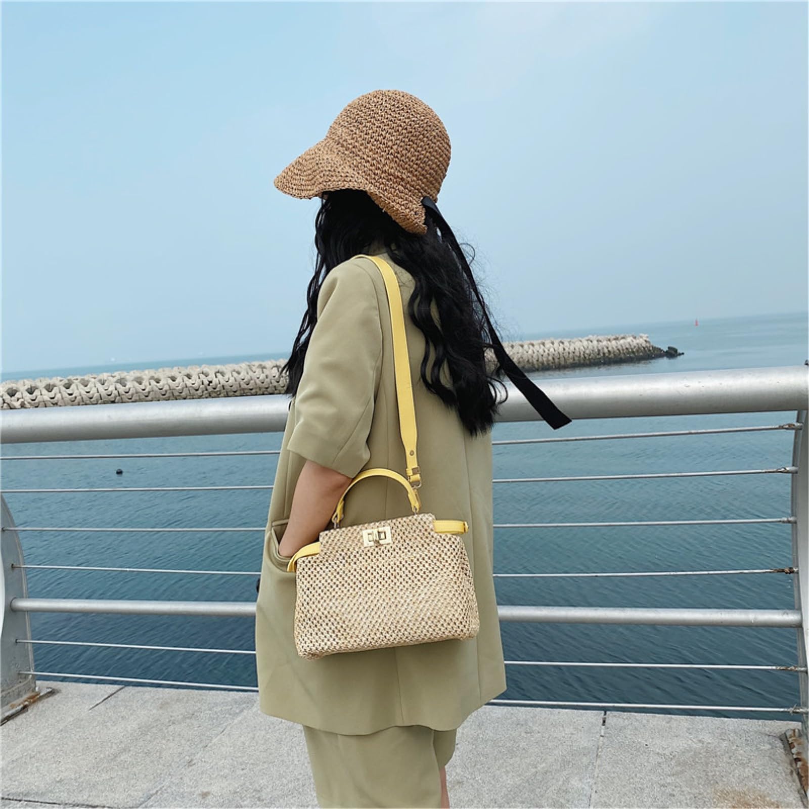 Strandtasche Crossbody Taschen Für Frauen Bohemian Gewebt Strohtasche Schultertasche Handtasche-Green Shoulder Bag