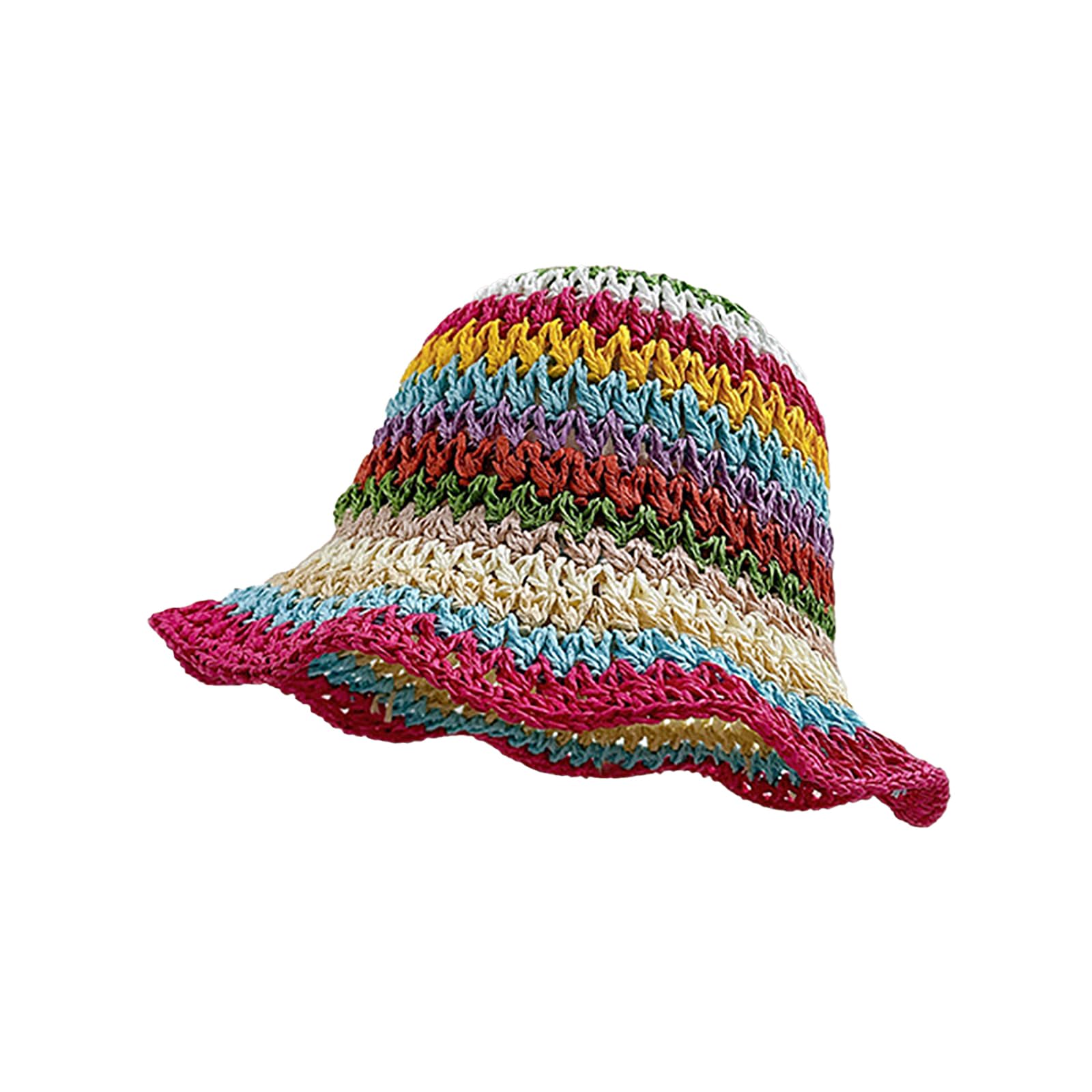 BAIMORE Women's Handmade Crochet Rainbow Stripe Foldable Beach Boho Bucket Hat