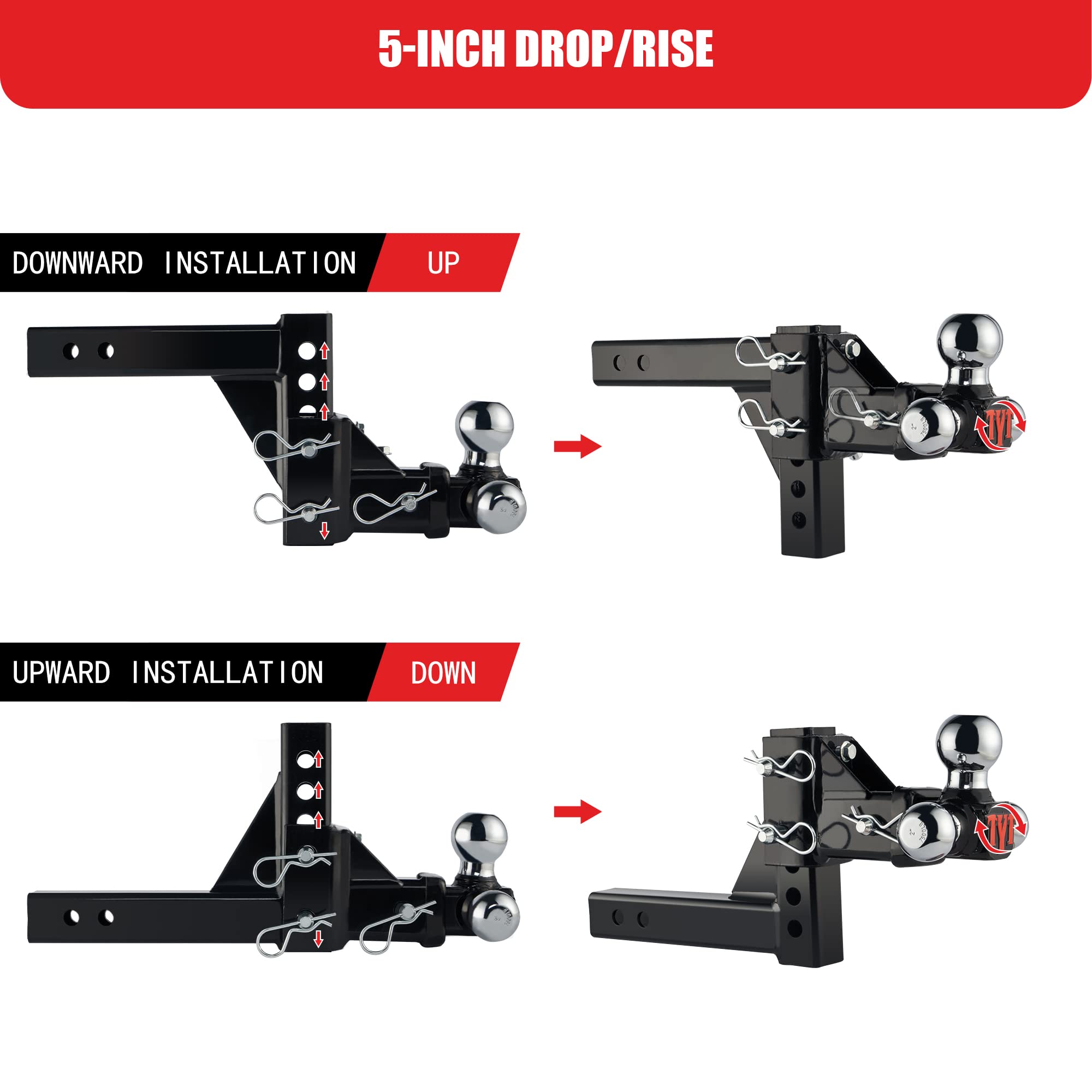 TYT Adjustable Trailer Hitch Towing Ball Mount, Tri-Ball (1-7/8" X 2" X 2-5/16"), Fits 2" Receiver, 5" Rise/Drop Hitch, 10,000 LBS GTW, Tow Hitch for Heavy Duty Truck, Solid Ball Mount