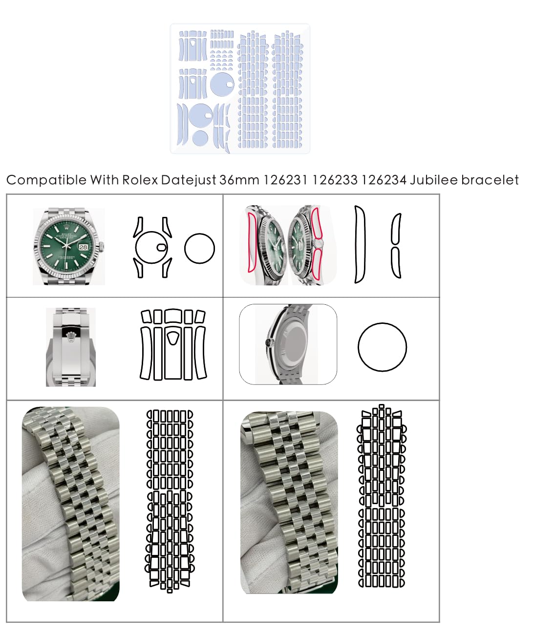 Film de protection pour Rolex Datejust 36 mm Ref. 126231 126233 126234 Jubilee Bracelet Transparent Skin Full Watch Protecteur d'écran autocollant (2 films intégraux x2) N