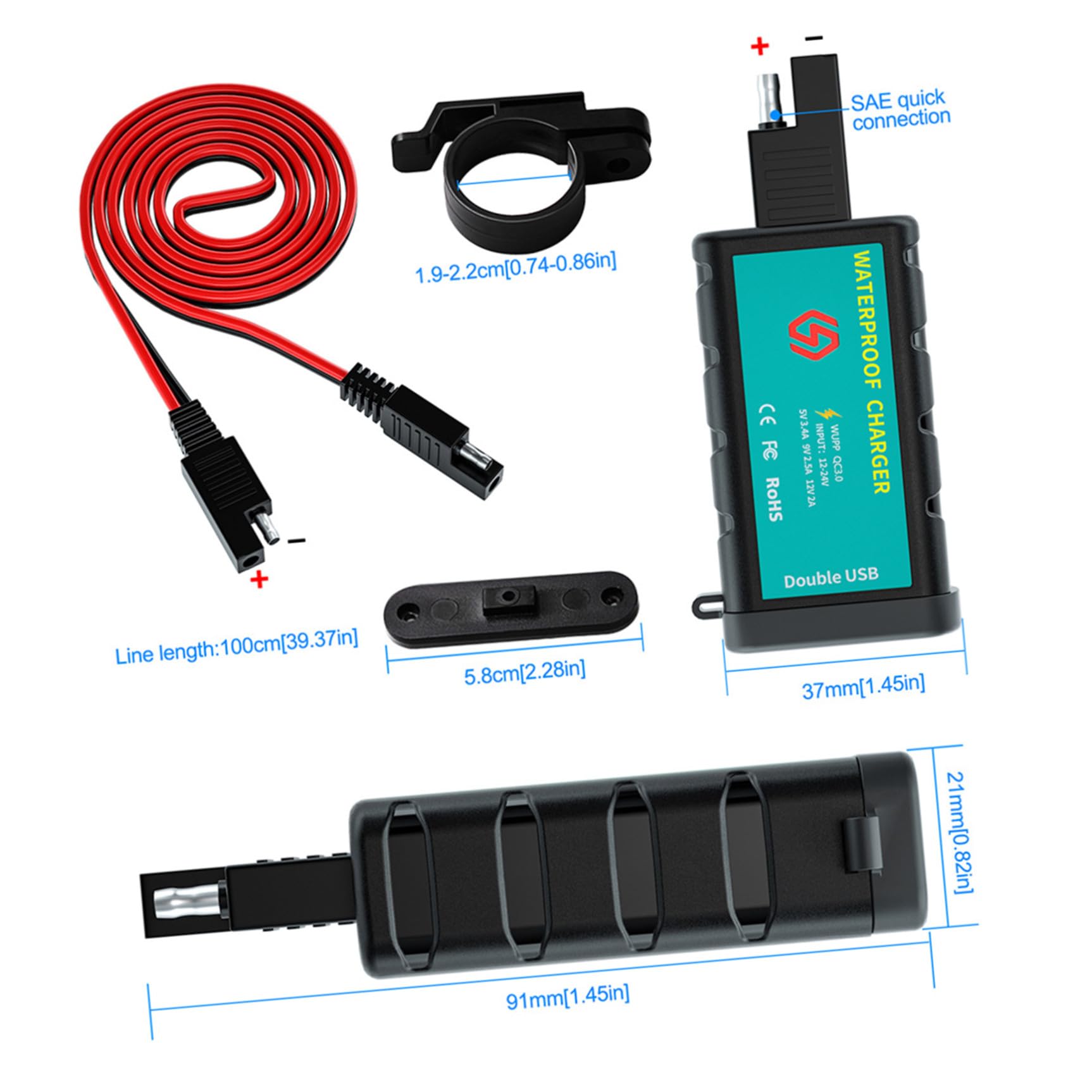 ABOOFAN Motorrad-Steckdose mit Dual-USB-buchse Kfz-ladegerät SAE Motorrad-ladeadapter wasserdichte Abdeckung für Motorrad-USB-ladegerät