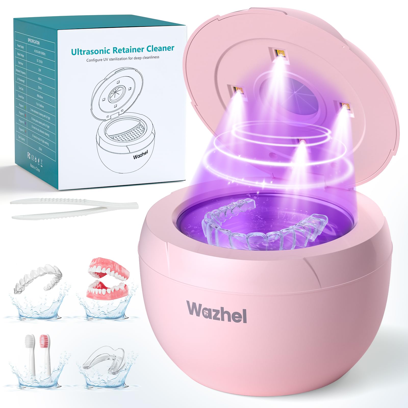 Ultrasonic Retainer Cleaner Machine 45kHz Dental Cleaning Pod for Denture Mouth Guard Night Guard Aligner Braces Toothbrush 200ML