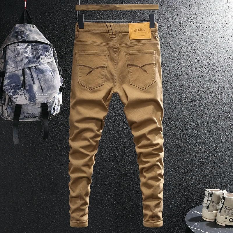 Mens Jeans Khaki Brown Elastic Slim Fit Stretch Jeans Men Vintage Trousers Korean Simple Casual Denim Pants2
