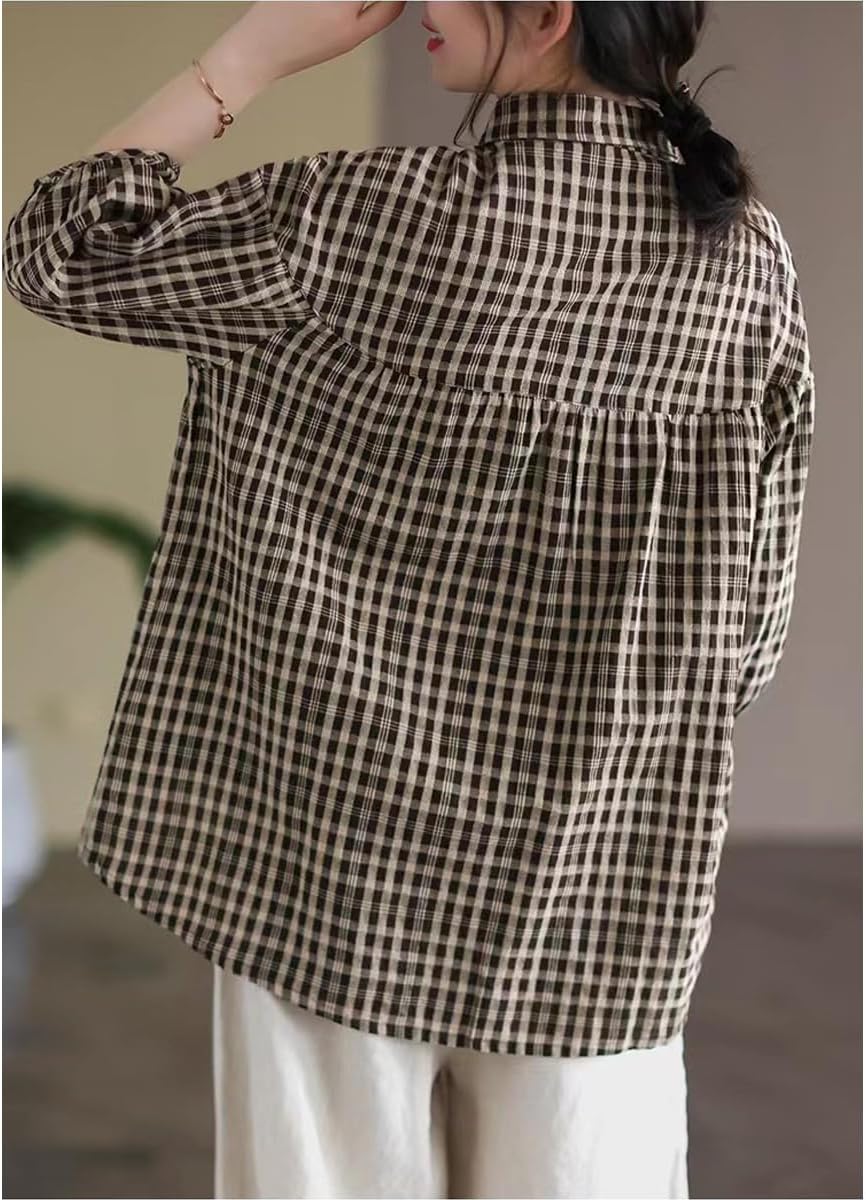 Korean Style Summer Shirt Women's Retro Cotton Linen Checkered Shirt Women's Loose Casual Short Sleeved top - Image 6