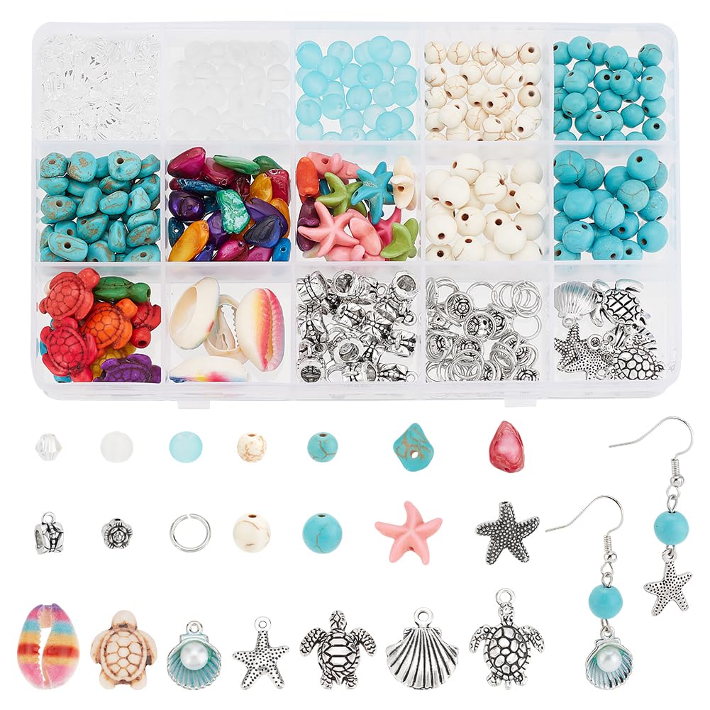 PH PandaHall 371pcs Ocean Theme Jewellery Kits Seashell Charms Turquoise Turtle Starfish Beads White Blue Beads with Jewellery Findings for Summer Necklace Earring Bracelet Anklet Jewellery Making