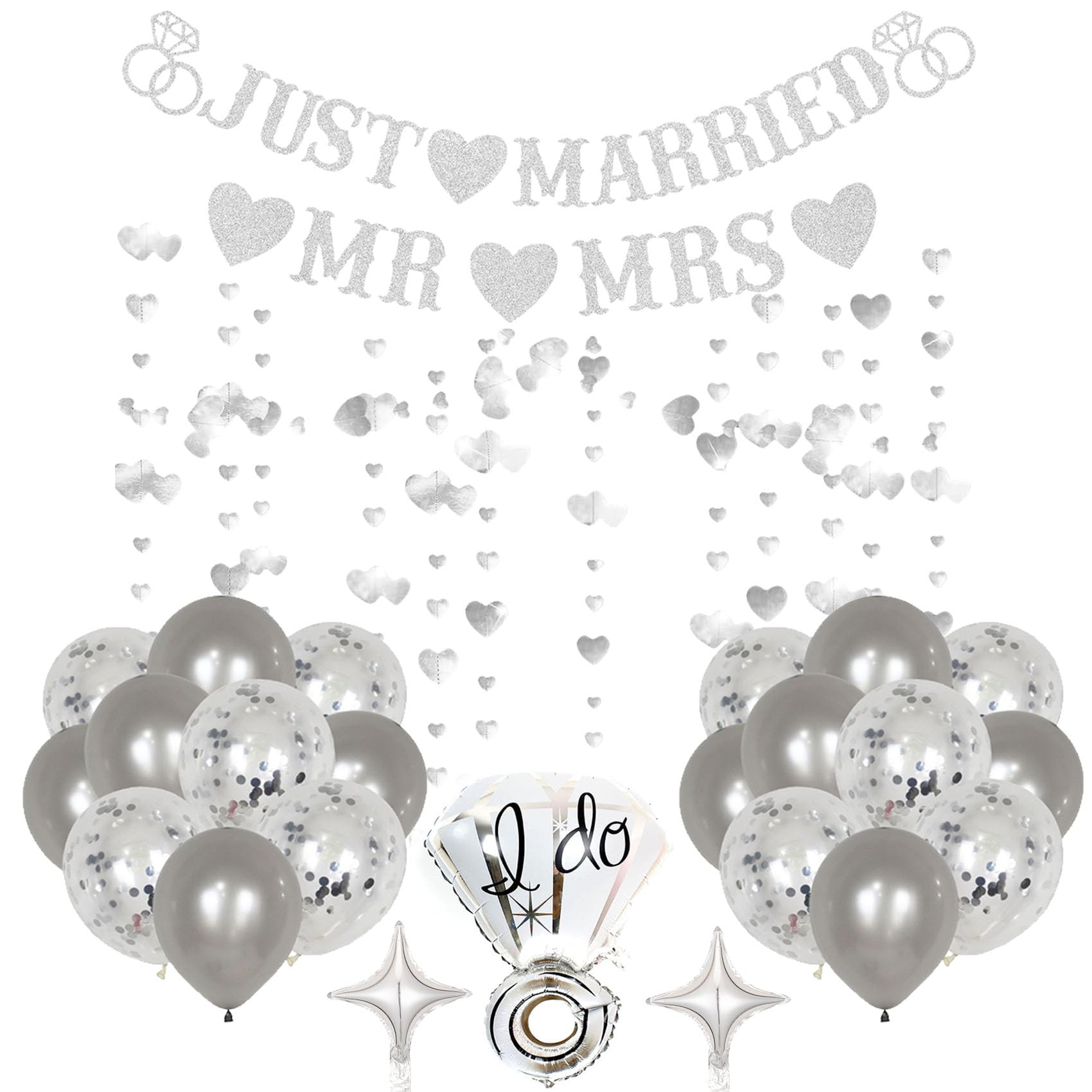 HAFRILY 26Pcs Just Married Decorations Set Just Married Silver Banner Sparkling Glitter Wedding Balloons for Wedding Banners and Decorations Silver Party Supplies