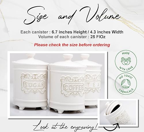 Miniatura 7 de Juego de 3 recipientes de cocina de cerámica elegantes de 25 onzas  Recipientes de almacenamiento de azúcar bellamente grabados para café, té,