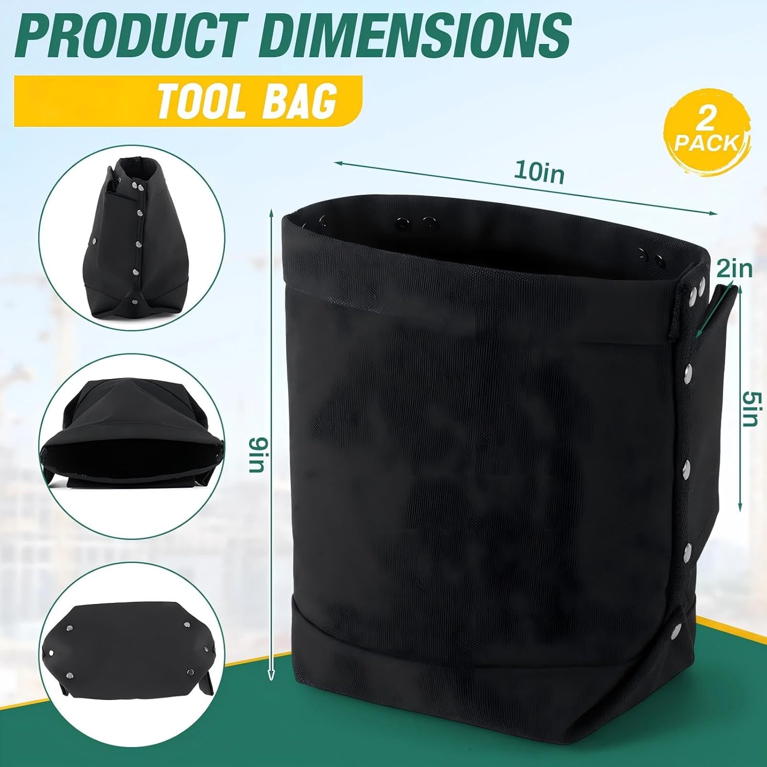 2 Pcs Tool Pouches 5" x 10" x 9", Small Tool Bags Tunnel Connection Utility Pouches for Nuts & Bolts, Double Reinforced Bottom with Belt Strap Connect & Bull Pin Loops for Outdoor Work