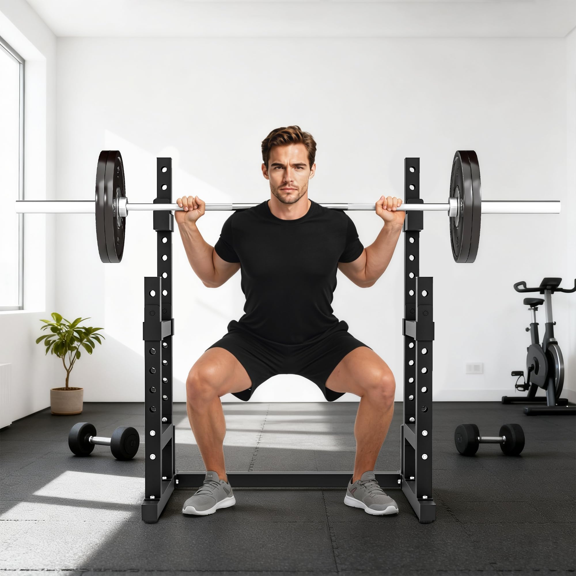 SPORTNOW Supporto Bilanciere Design a Doppio, Squat Rack Altezza Regolabile con Portadischi e Barre di Supporto, Rack Bilanciere Multifunzione per Palestra Casa Ufficio, Max 300 KG, Nero