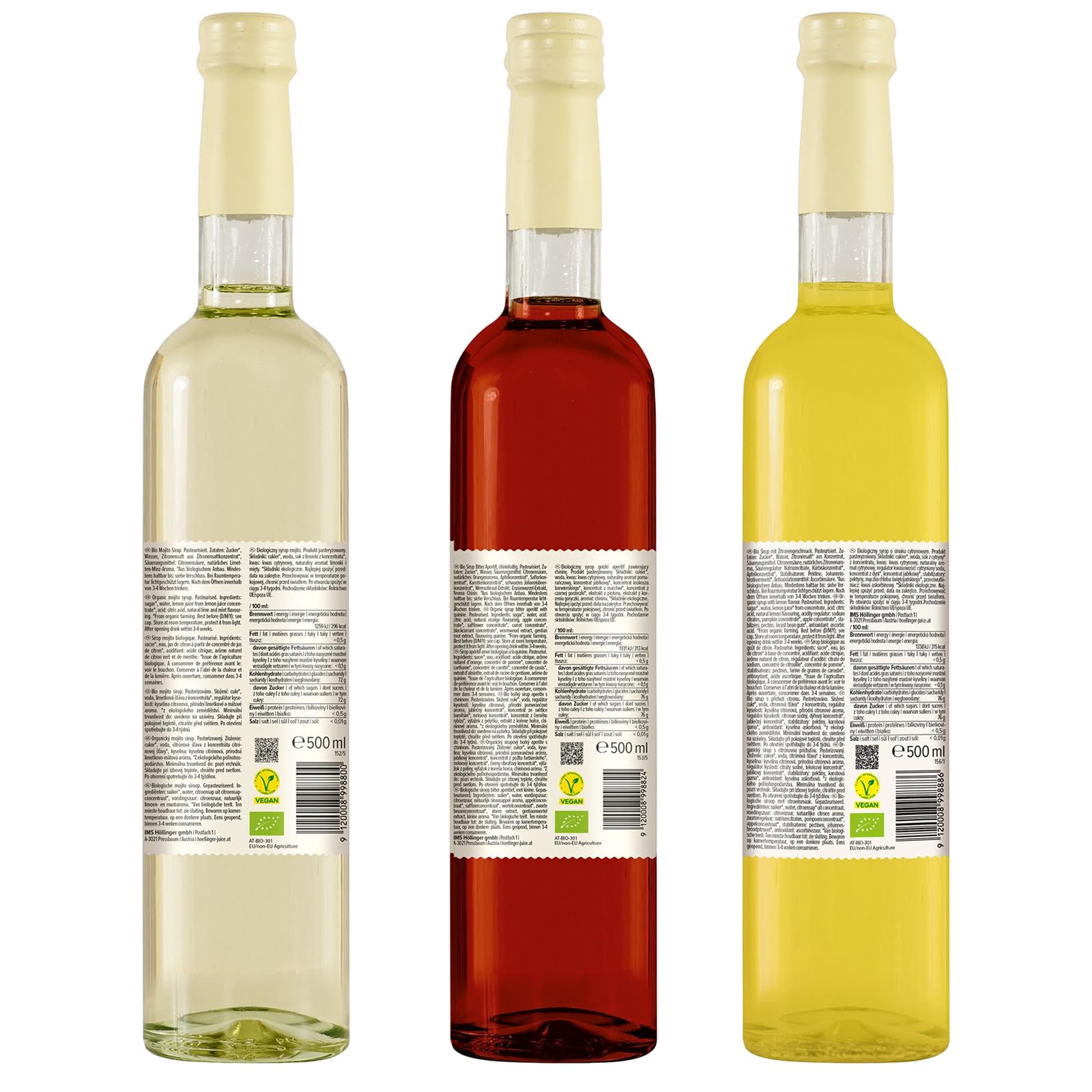 Höllinger Lot de 3 Sirops Bio Sans Alcool, Mojito Citron Vert & Menthe, Aperitivo Orange Amère, Limoncello Citron, 500ml Chacun, Ratio 1:9