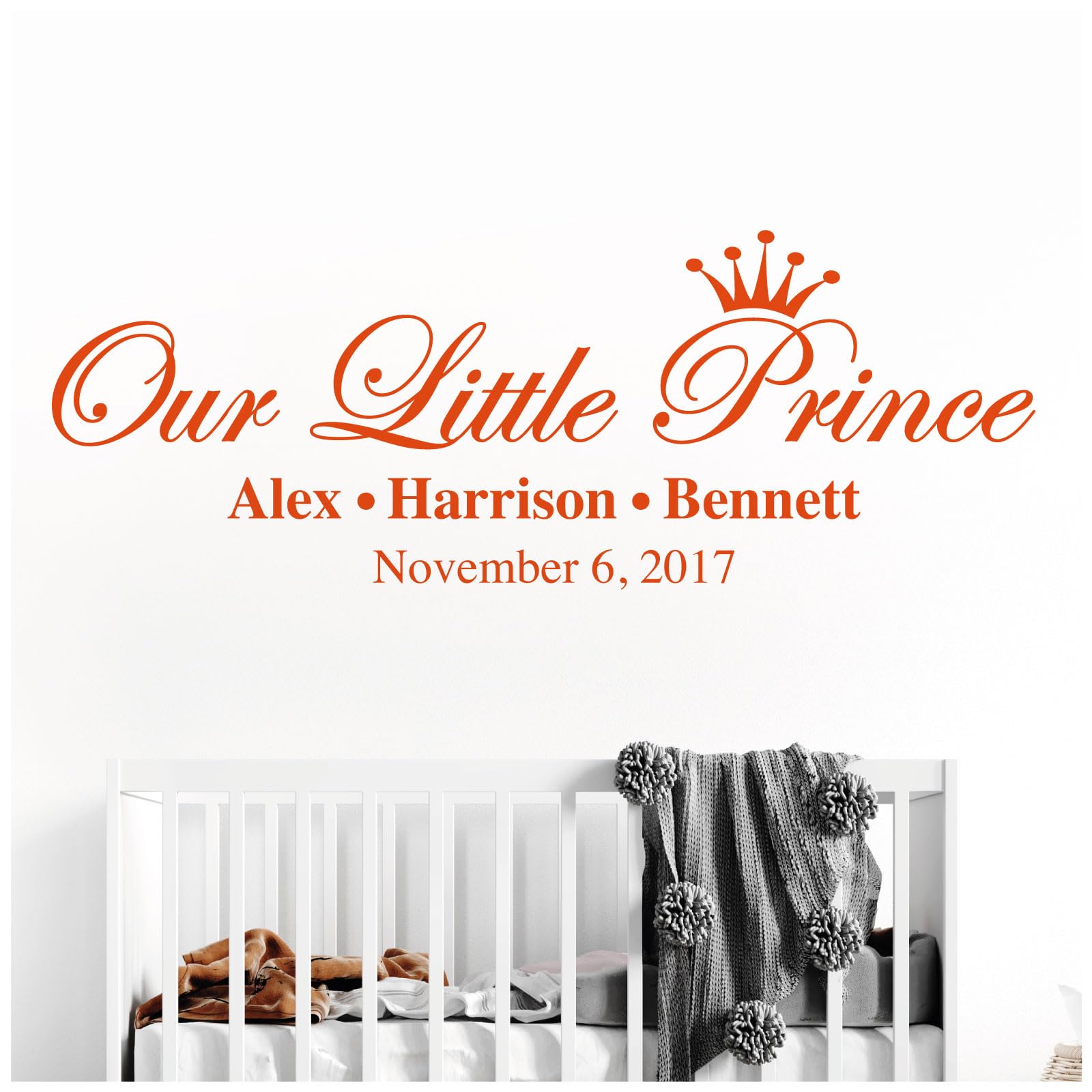 Our Little Prince, Names & Date of Birth - Baby Nursery Boys Wall Sticker [Large] [Orange]