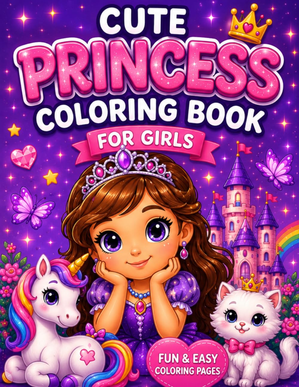 Cute Princess Coloring Book for Girls: Fun and Easy Coloring Pages with Unicorns, Castles, and Magical Adventures